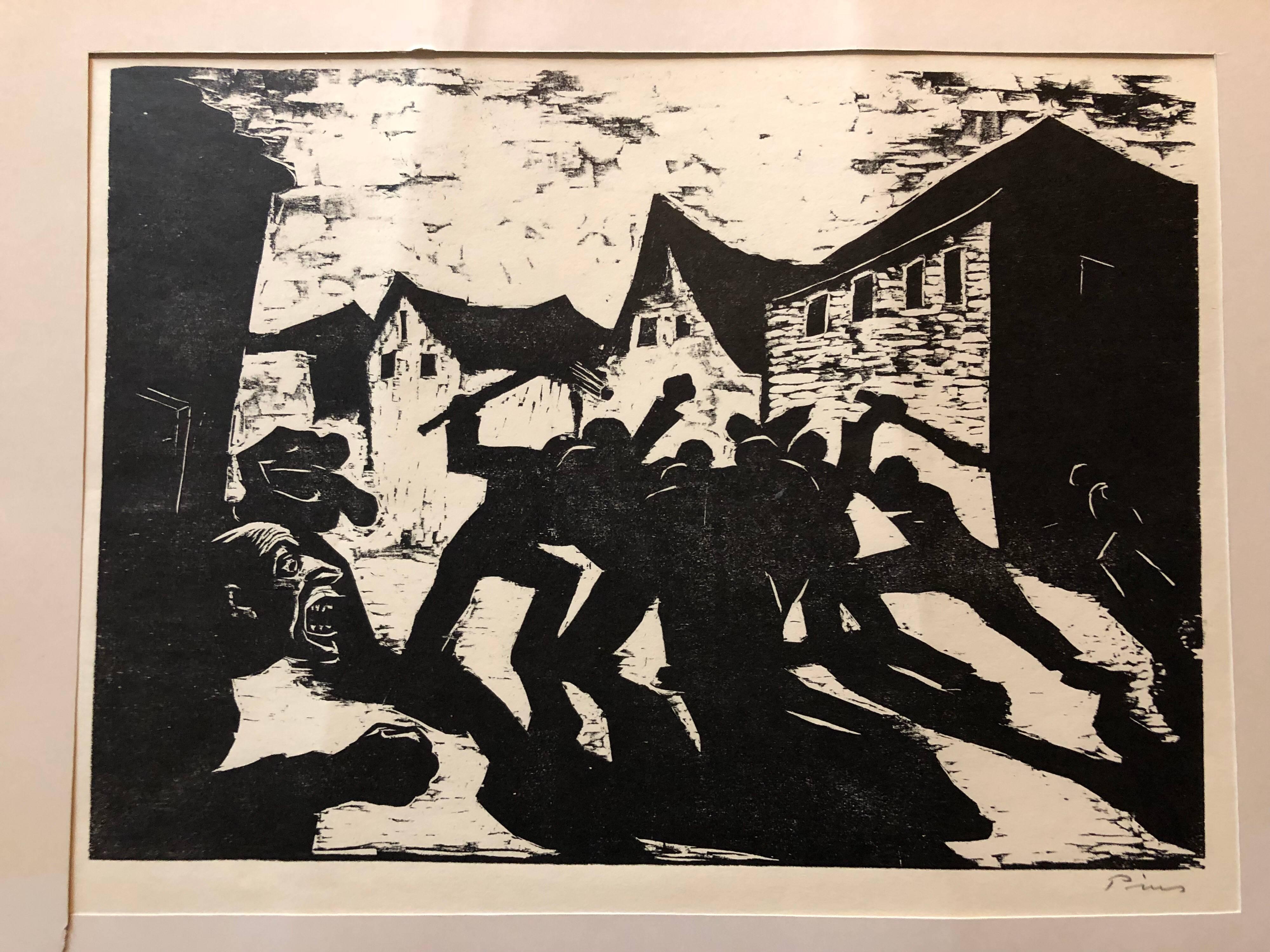 Deutscher, israelischer, expressionistischer Holzschnitt-Bleistift, signiert Street Fight – Print von Jacob Pins