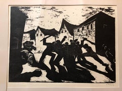 German Israeli Expressionist Woodcut Print Pencil Signed Street Fight