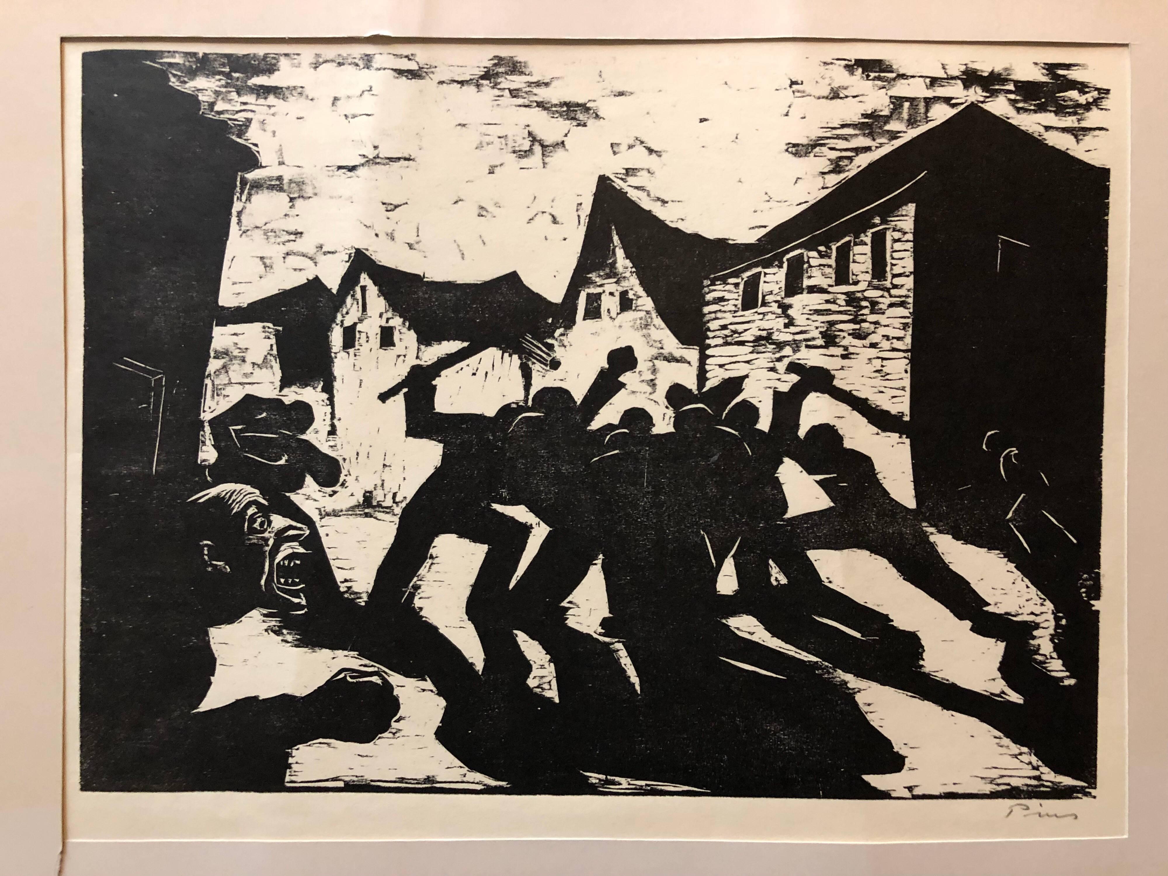 Jacob Pins Figurative Print – Deutscher, israelischer, expressionistischer Holzschnitt-Bleistift, signiert Street Fight