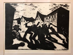 Vintage German Israeli Expressionist Woodcut Print Pencil Signed Street Fight