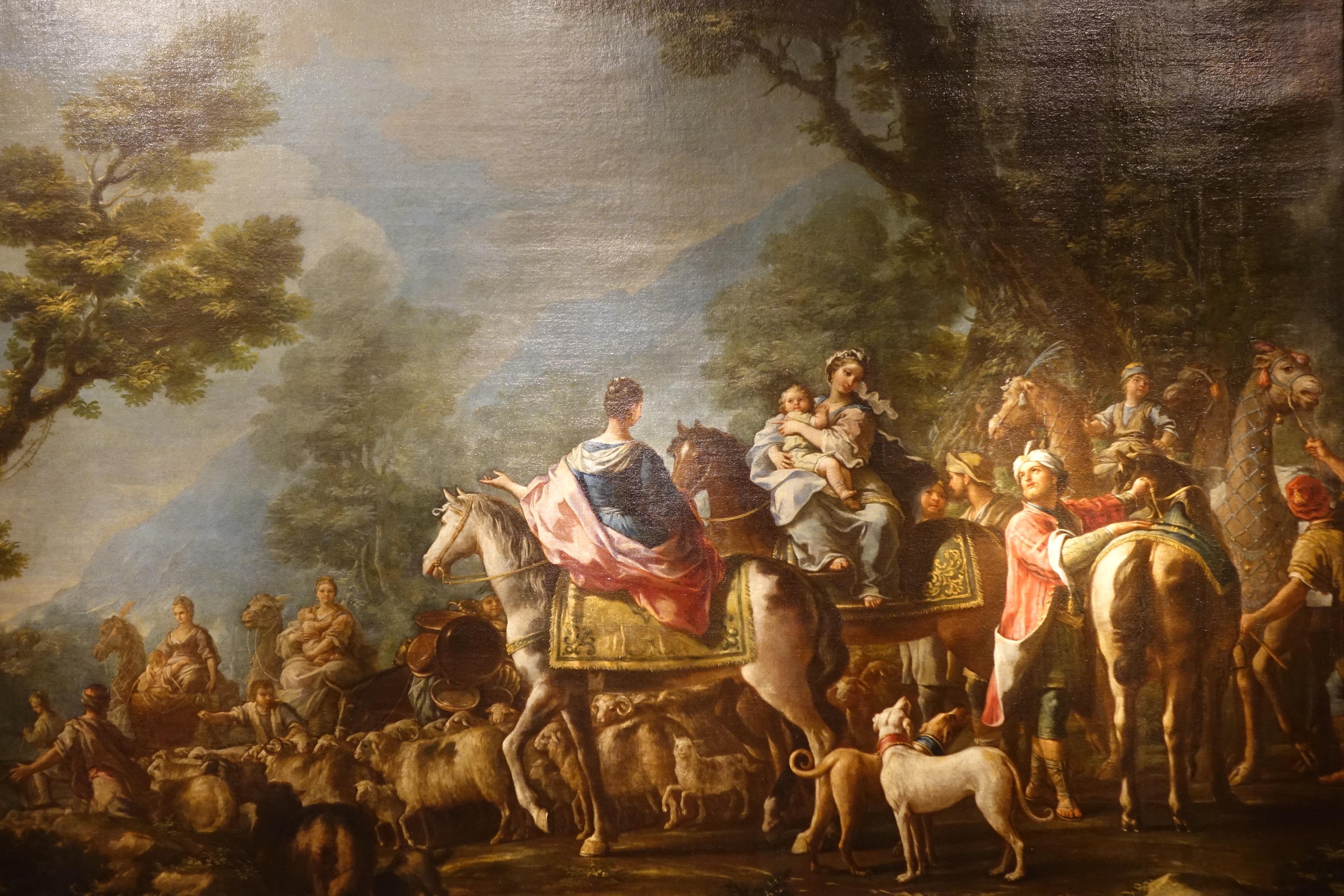Large  painting,oil on canvas representing the departure of Jacob from Laban (Genesis 29-32).
Jacob, set out for the land of Haran in search of a woman, first marrying Leah, then Rachel, the two daughters of Laban.
Jacob begot twelve sons, all born
