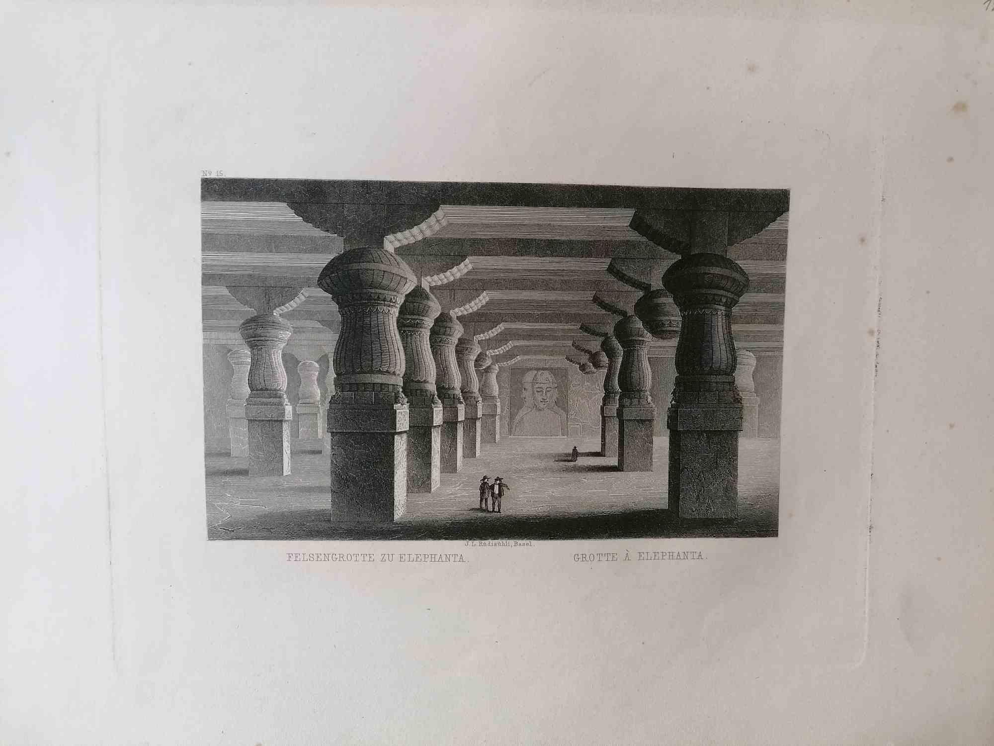 Grotte à Elephanta ist ein originelles modernes Kunstwerk, das von Jacob Rudisuhli (1835-1918) im späten 19.

Original S/W-Lithographie auf Elfenbeinpapier. 

Am unteren Rand in Großbuchstaben geschrieben: Grotte à Elephanta.

Passepartout ist