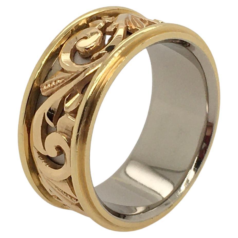 JACOB SNOW Open Scroll Work Gold Ring with White Gold Interior Lining  For Sale