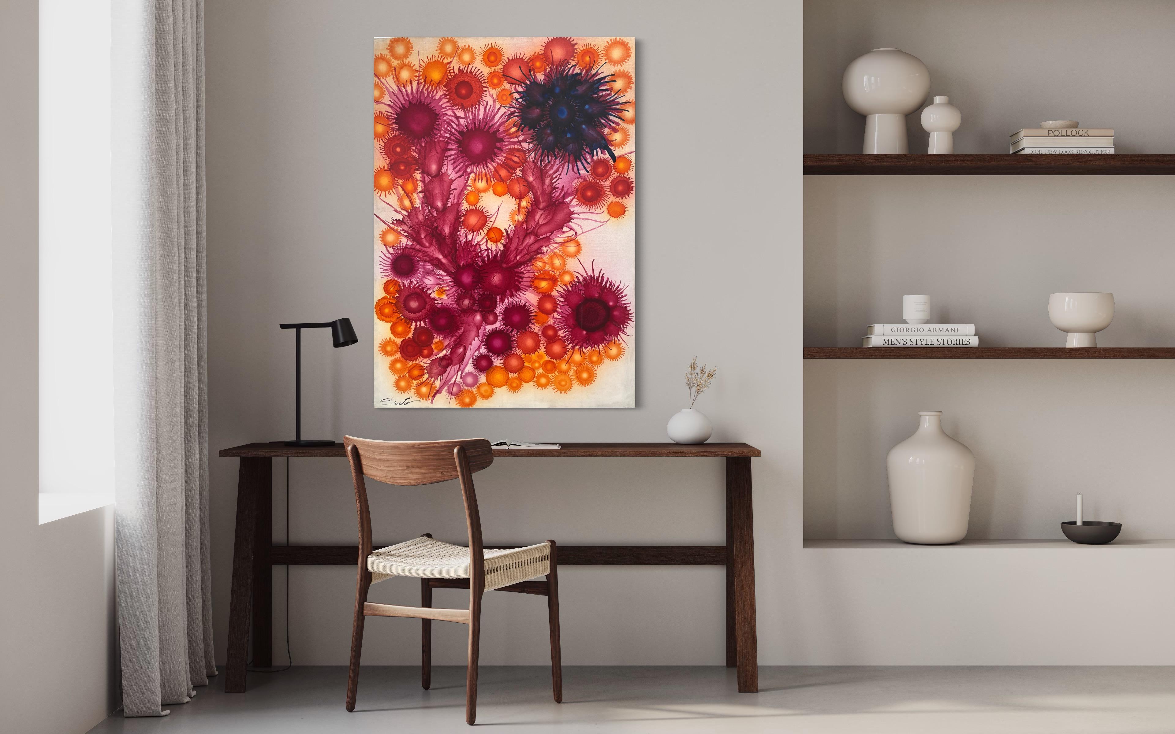 This abstract painting truly showcases the artist’s imaginative vision. The use of biomorphic shapes in vibrant red, orange, and burnt umber tones adds to the abstract nature of the painting. These colors evoke a sense of energy, passion, and