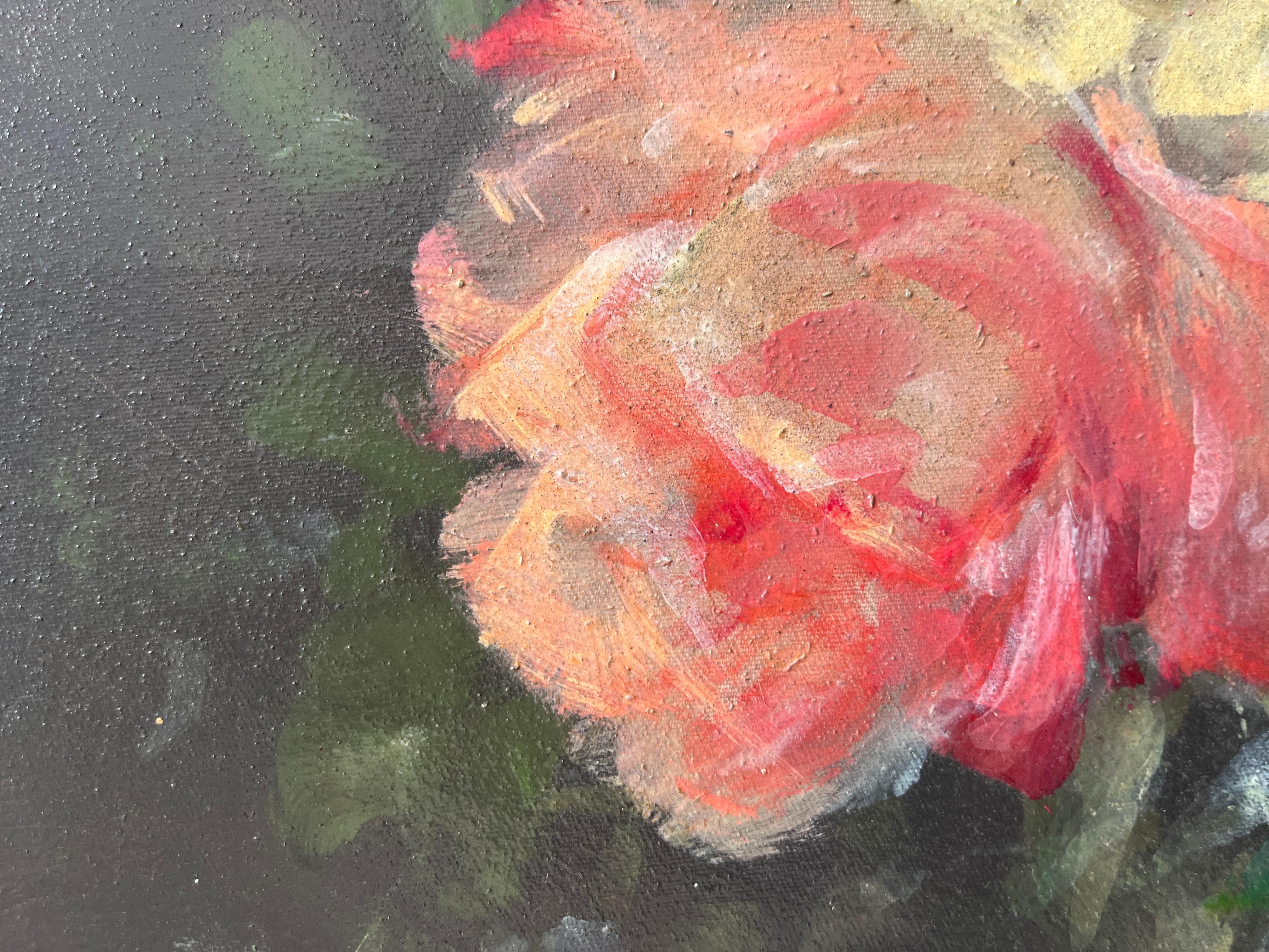 This stunning bouquet of roses exudes a vibrant energy through the artist's expressive energy. It is a perfect balance between freedom and control, allowing the subject matter to come to life on the canvas. The brushstrokes possess a dynamic