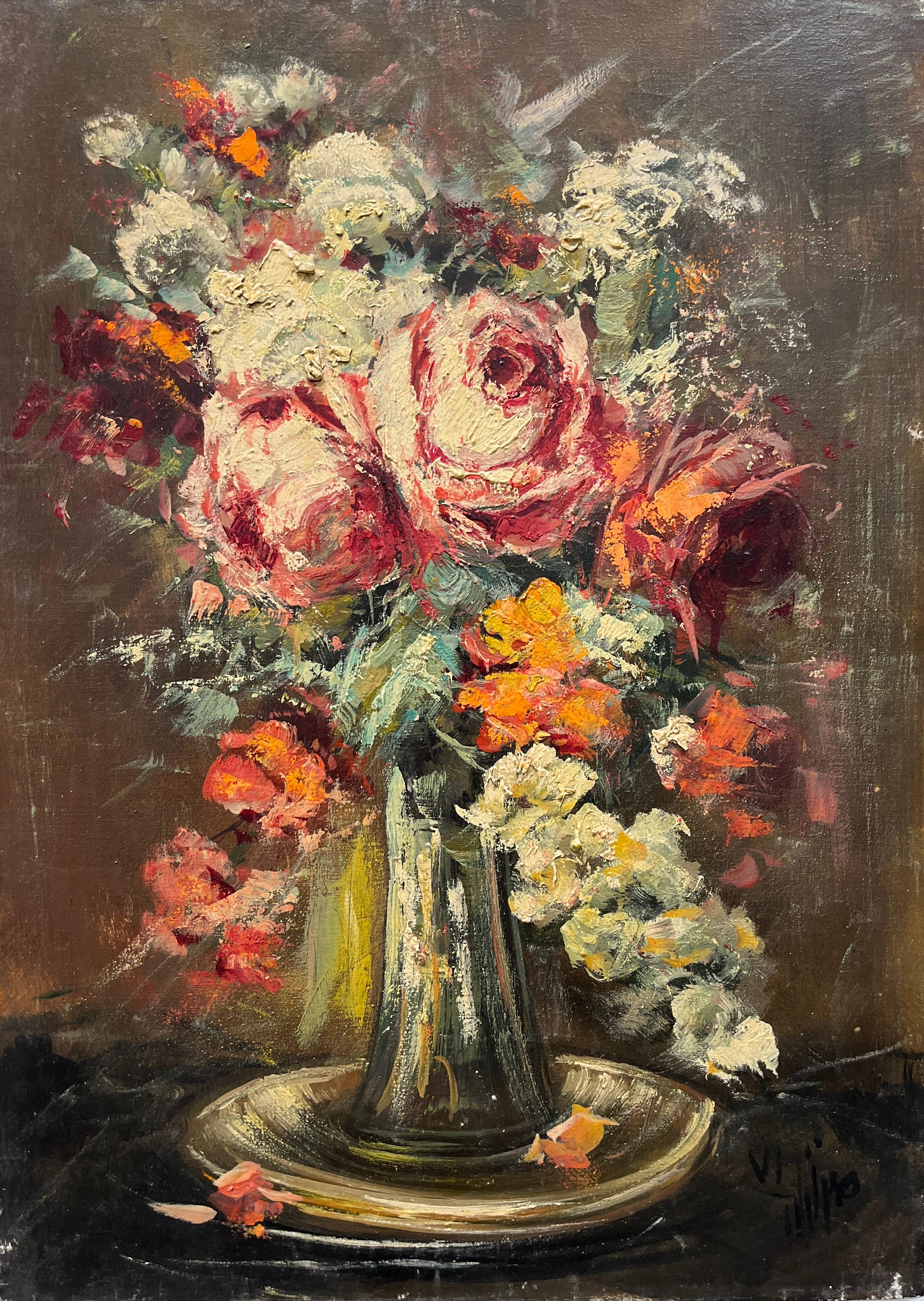 The artist has carefully arranged the bouquet to evoke a sense of closeness and connection, as if the roses are whispering to each other in hushed tones. The surrounding canvas provide a unique backdrop, with their mysterious and undulating forms