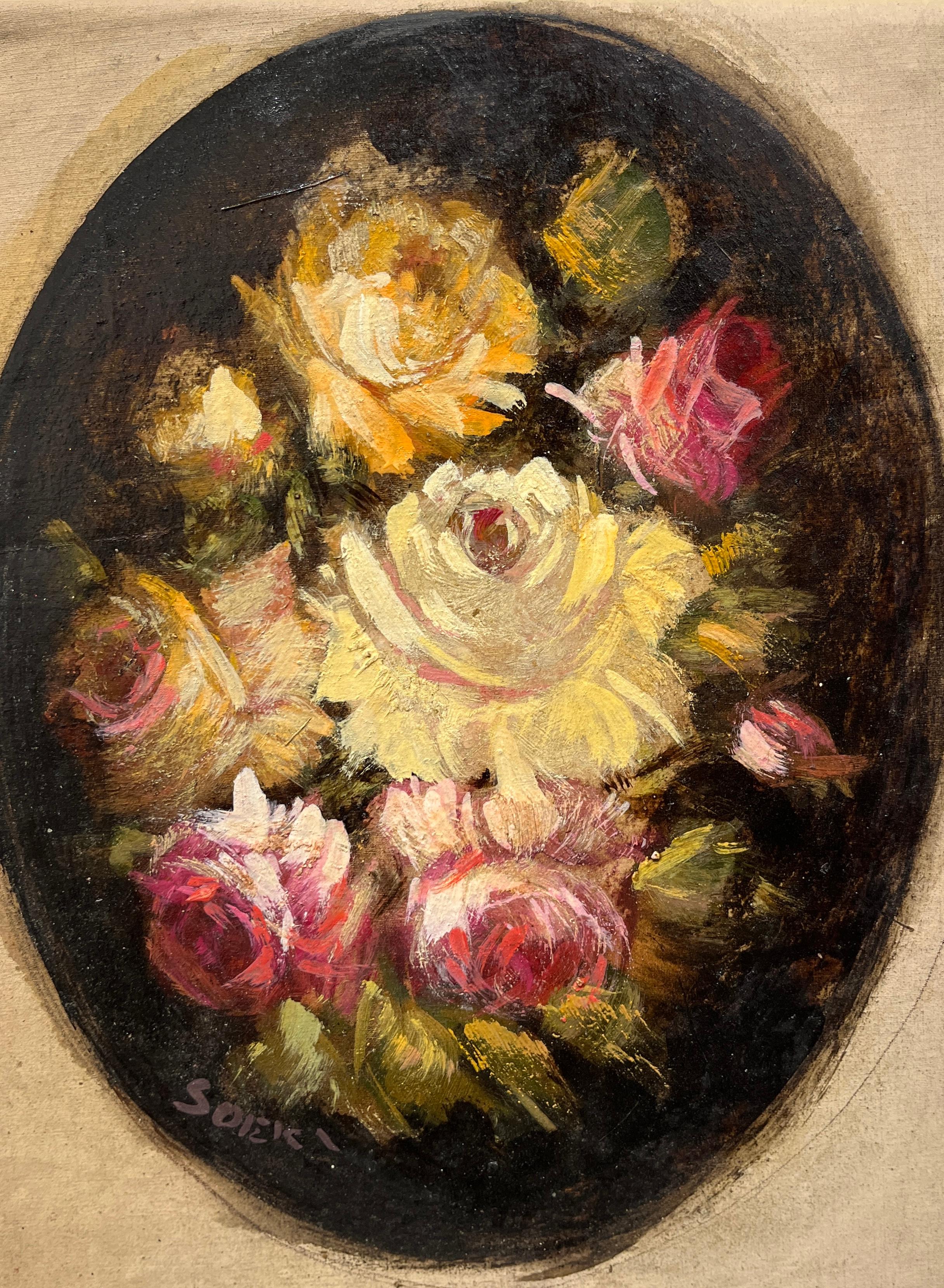 In this stunning and intimate artwork, a very small bouquet of roses comes together in the center of a canvas. The delicate roses, with their exquisite petals and gentle colors, carry a profound presence, as if they hold the secrets of the canvas