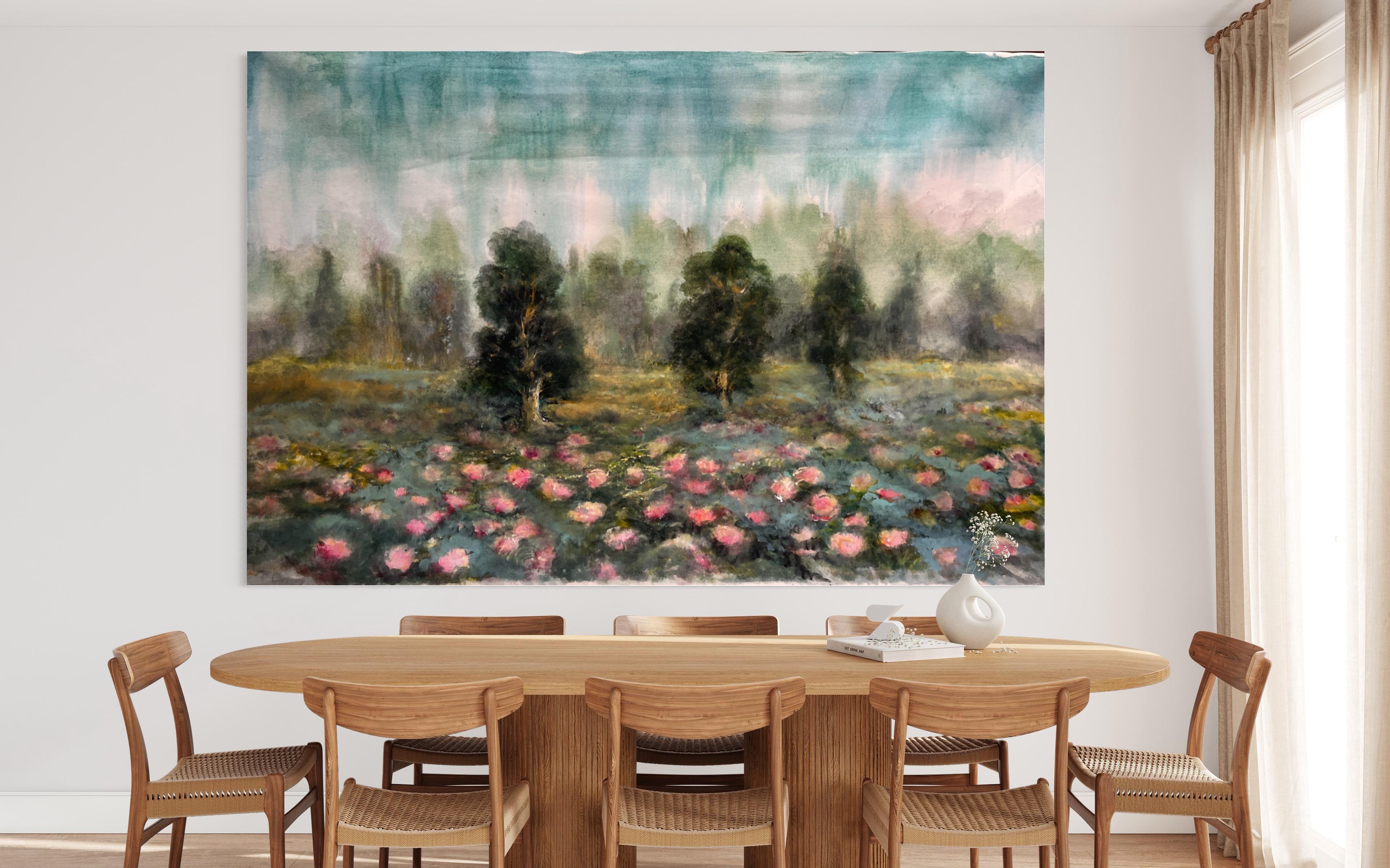 The landscape piece is a stunning representation of a serene and romantic setting, created in a unique impressionistic style. The artist has masterfully captured the essence of nature, infusing the artwork with a delicate and dreamlike quality.

In