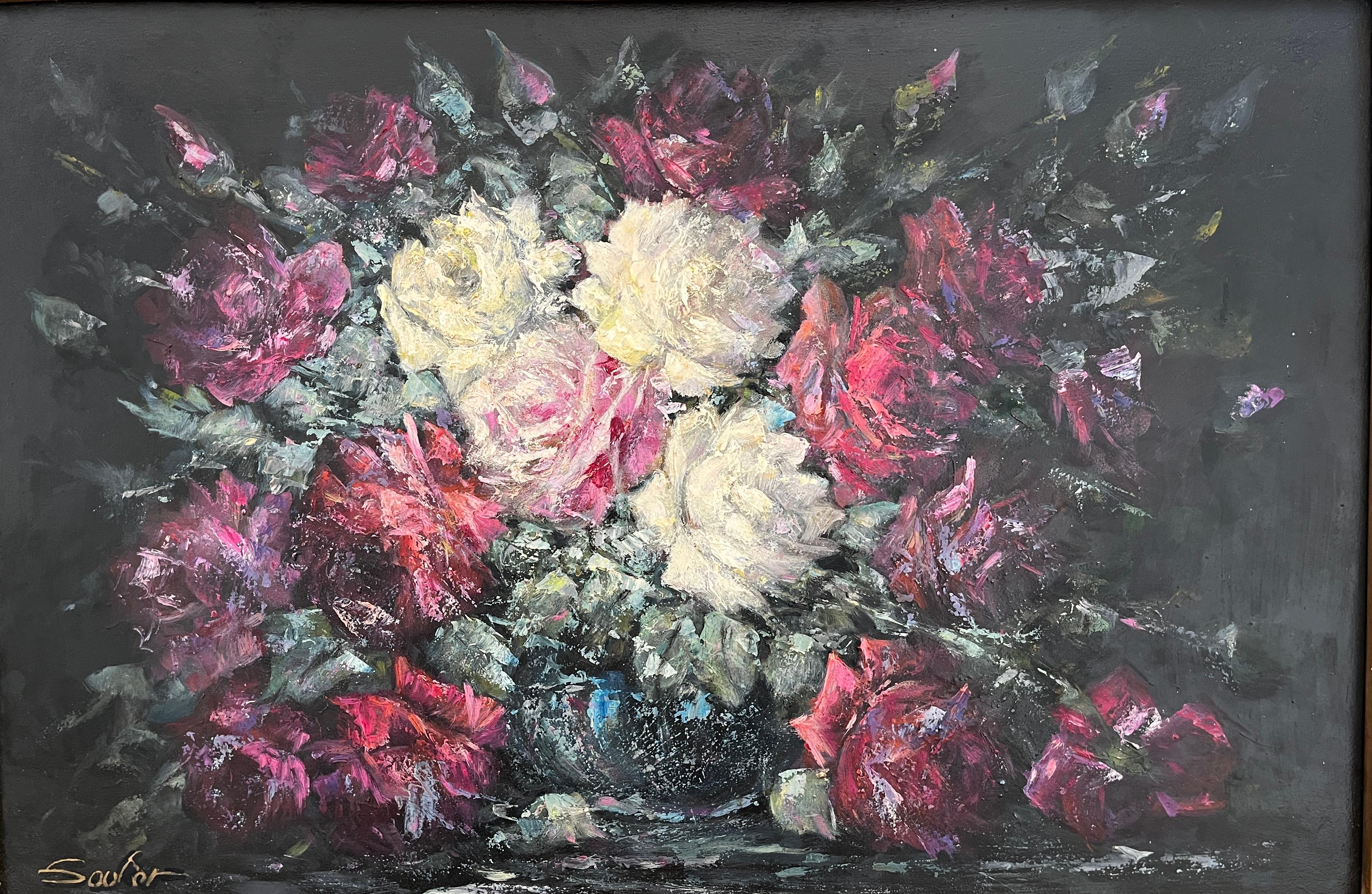 This stunning bouquet of roses exudes a vibrant energy through the artist's expressive energy. It is a perfect balance between freedom and control, allowing the subject matter to come to life on the canvas. The brushstrokes possess a dynamic