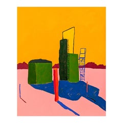 “American Rural, Cisterns #2” Contemporary Colorful Pastoral Landscape Painting