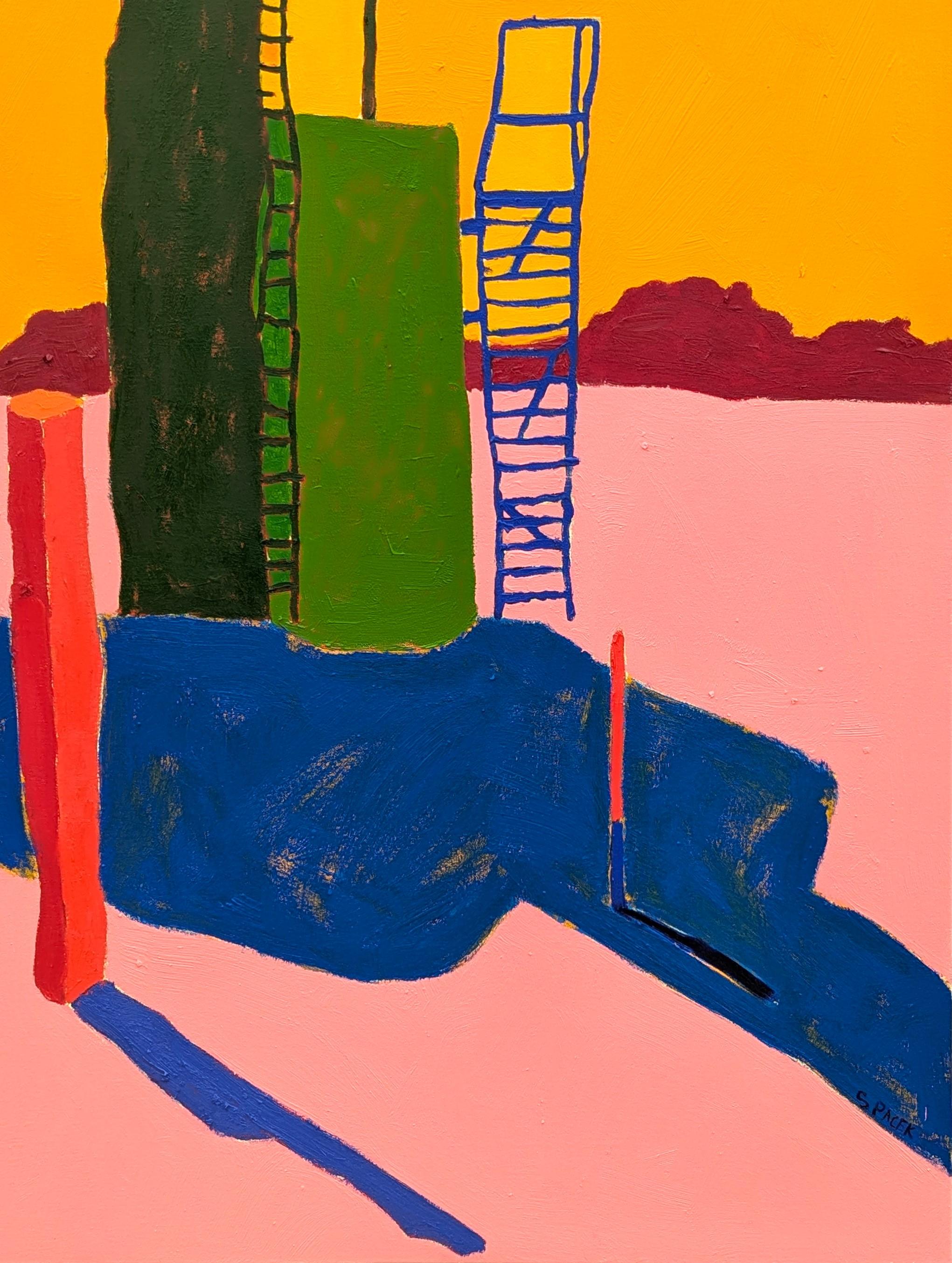 Paesaggio pastorale contemporaneo e colorato dell'artista texano Jacob Spacek. L'opera presenta una cisterna verde brillante su uno sfondo rosa e giallo. Firmato dall'artista nell'angolo anteriore in basso a destra e firmato, intitolato e datato sul