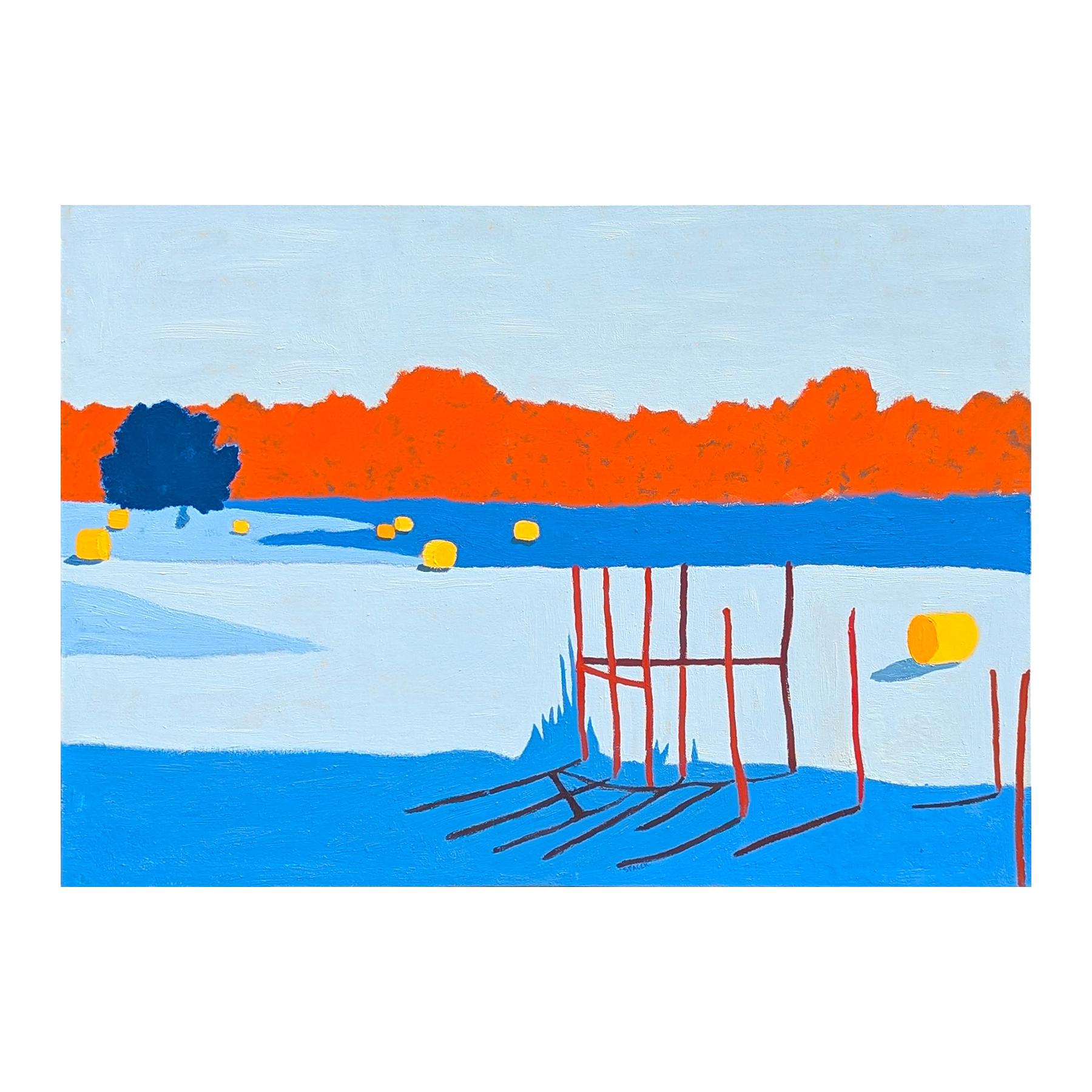 “American Rural, Fence” Contemporary Colorful Pastoral Landscape Painting For Sale 1