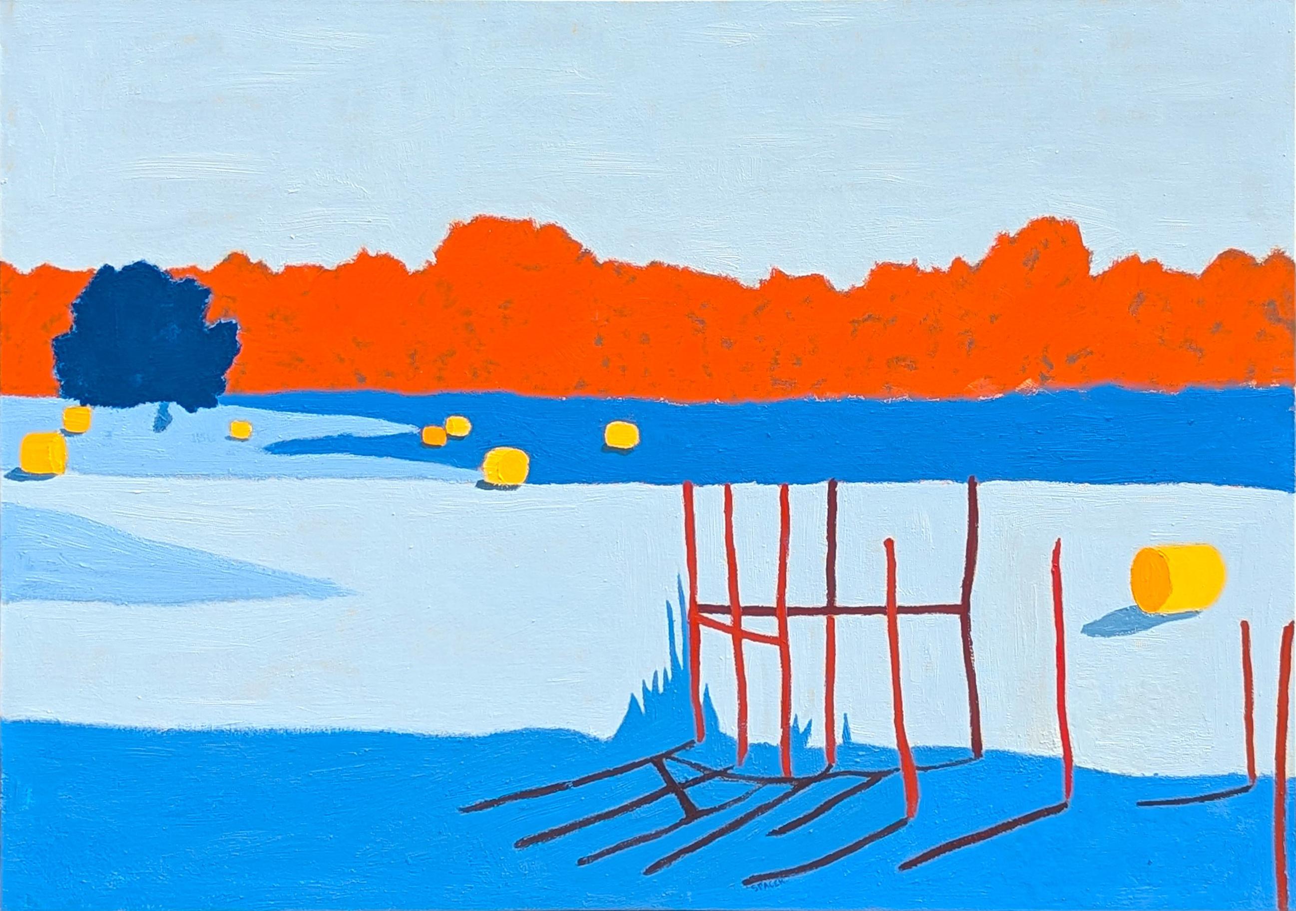 Contemporary colorful pastoral landscape by Texas based artist Jacob Spacek. The work features a bright red fence in the middle of an open blue field set against a vibrant red tree line. Signed by the artist in the front lower right corner.