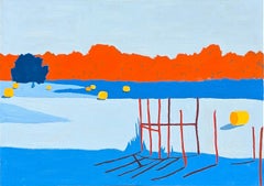 “American Rural, Fence” Contemporary Colorful Pastoral Landscape Painting
