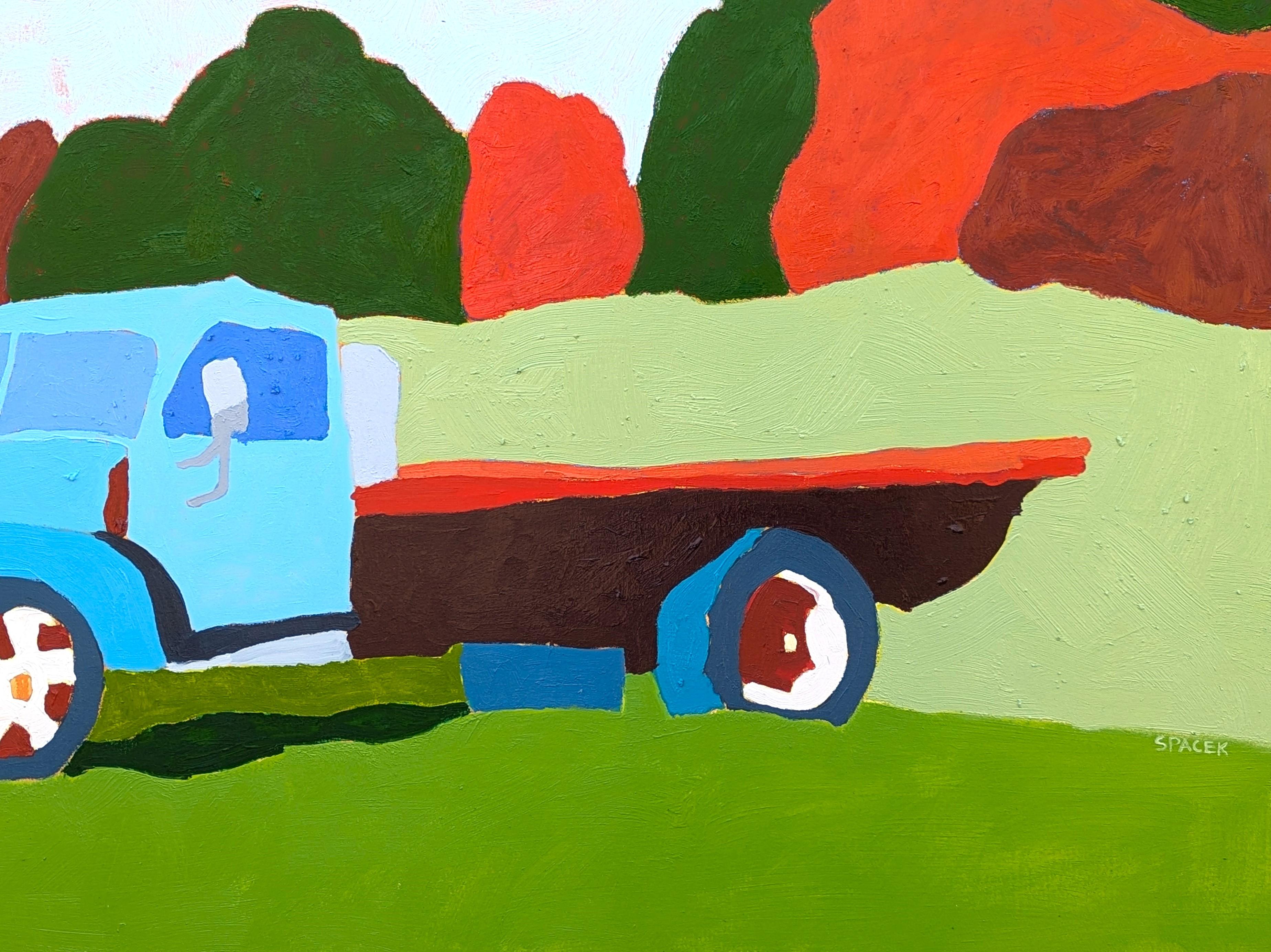Colorido paisaje pastoral contemporáneo del artista tejano Jacob Spacek. La obra muestra un camión mula azul aparcado en medio de un campo con árboles verdes y rojos al fondo. Firmado por el artista en la esquina inferior derecha del anverso, así