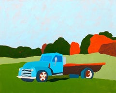 "American Rural, Mule" Contemporary Blue, Green & Red Country Landscape Painting