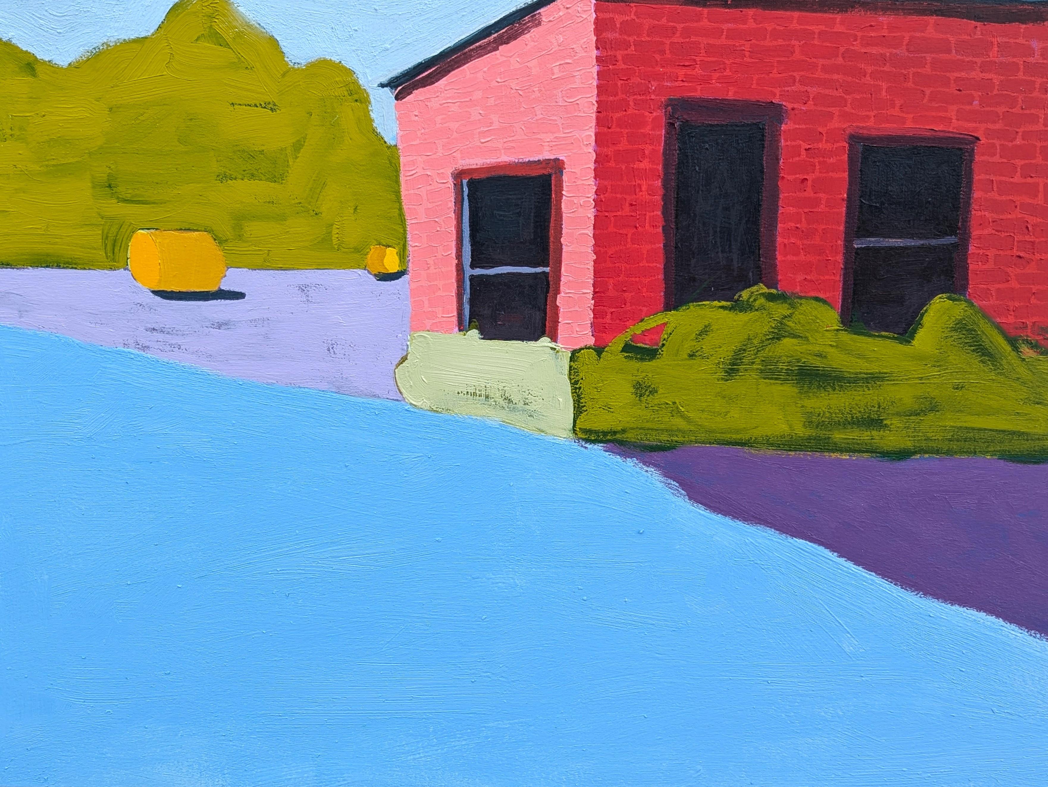 Colorido paisaje pastoral contemporáneo del artista tejano Jacob Spacek. La obra muestra una choza de color rojo brillante en medio de un campo abierto sobre un fondo azul vibrante. Firmado por el artista en la esquina inferior derecha del anverso,