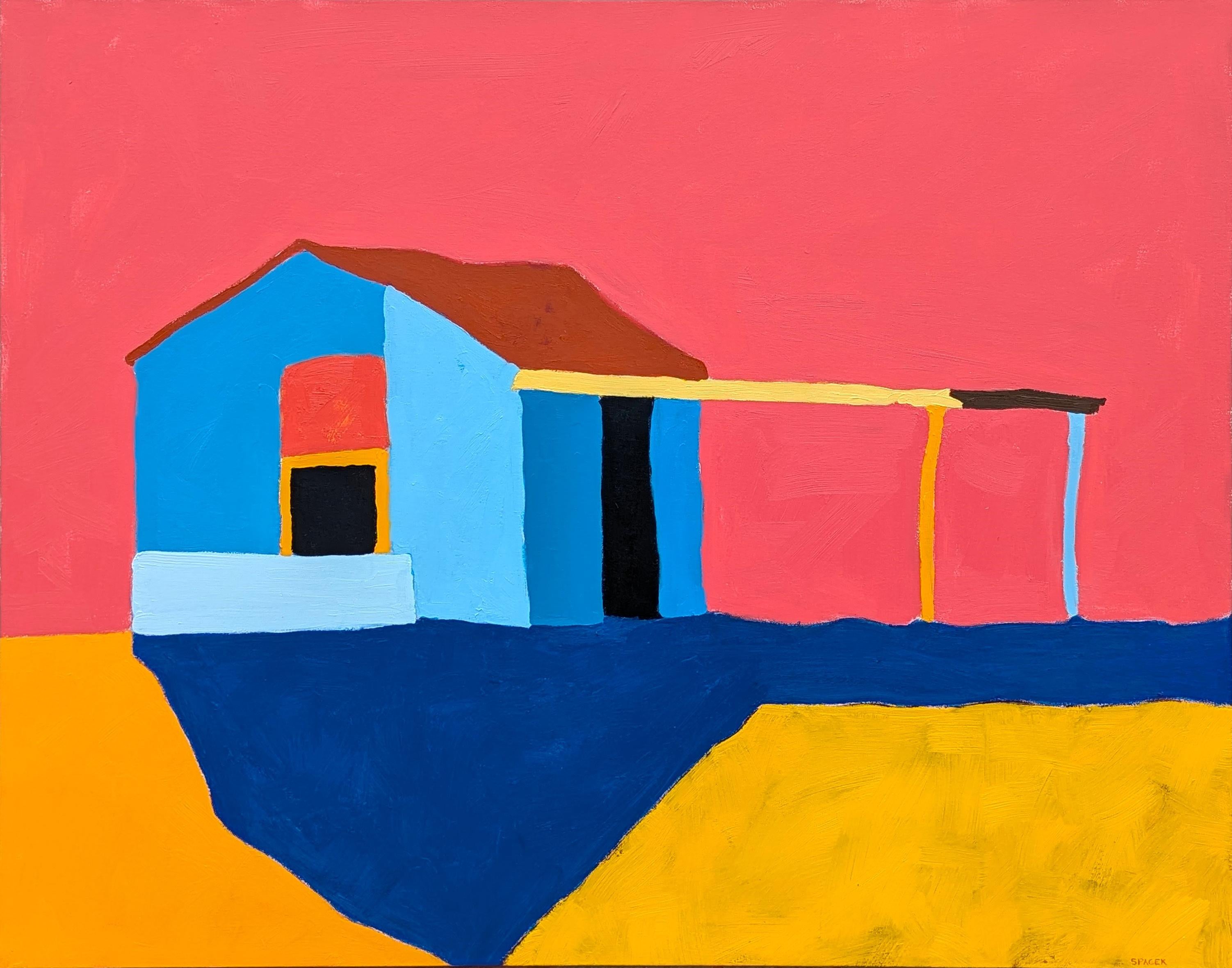 Contemporary colorful pastoral landscape by Texas based artist Jacob Spacek. The work features a bright blue shack in the middle of an open field set against a vibrant red sky. Signed by the artist in the front lower right corner as well as signed,