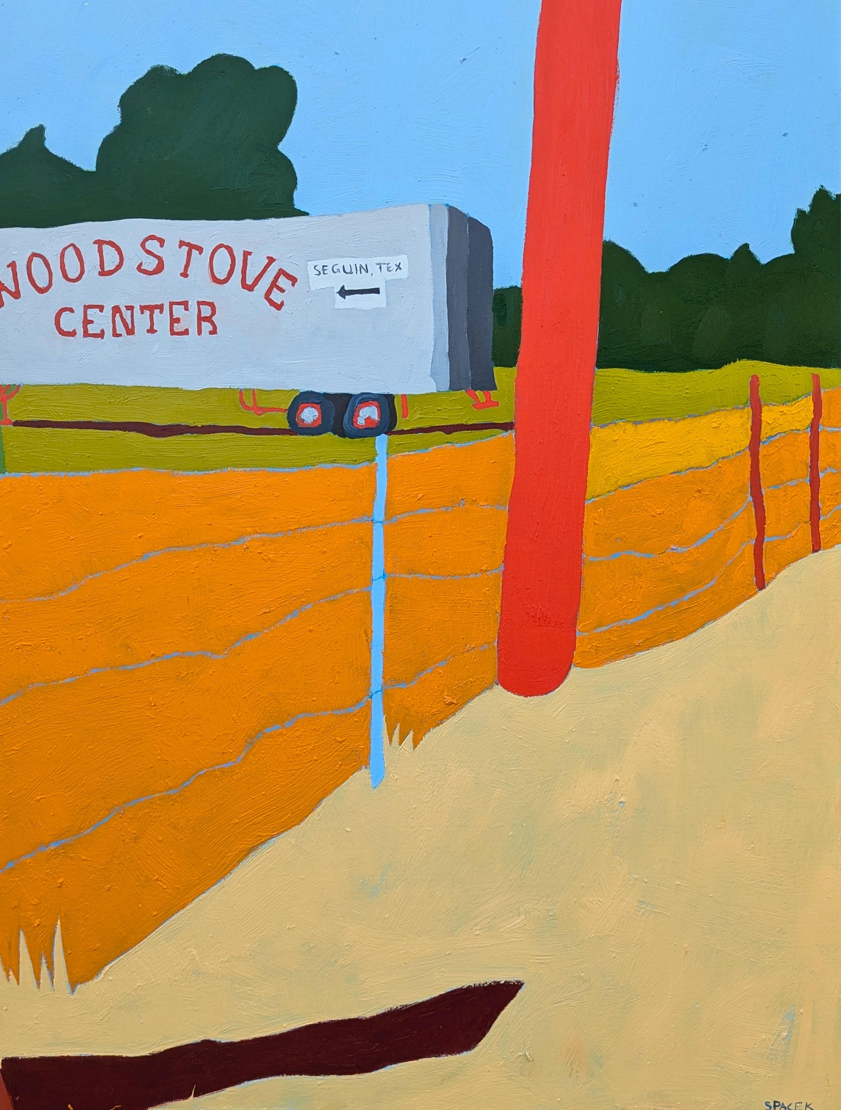 Zeitgenössische farbenfrohe pastorale Landschaft des in Texas lebenden Künstlers Jacob Spacek. Das Werk zeigt einen Lastwagen, der mitten auf einem Feld geparkt ist und für 