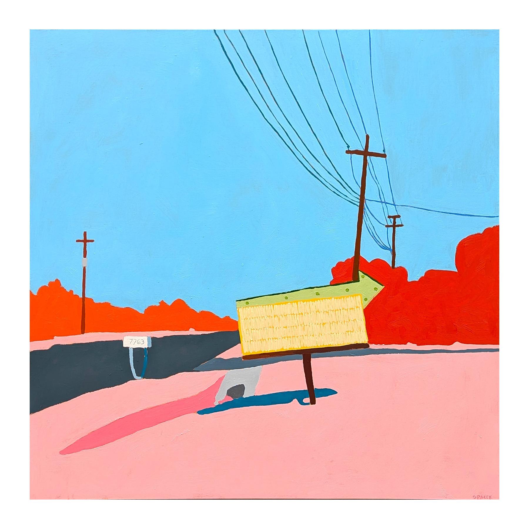 “American Rural, Signs #2” Contemporary Colorful Pastoral Landscape Painting - Blue Abstract Painting by Jacob Spacek