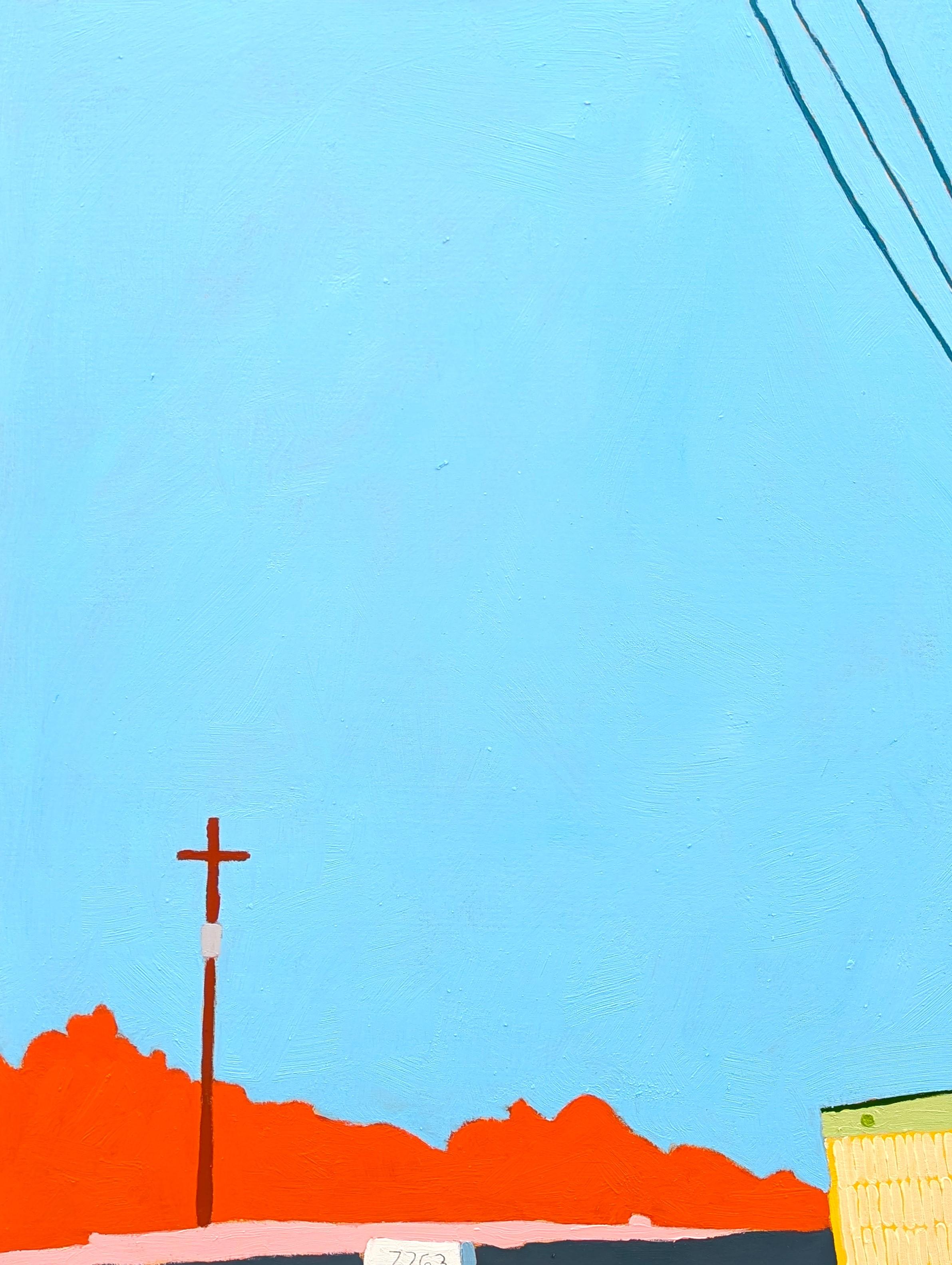 Contemporary colorful pastoral landscape by Texas based artist Jacob Spacek. The work features a vintage arrow sign next to a rural road set against a pink and blue background. Signed by the artist in the front lower right corner as well as signed,