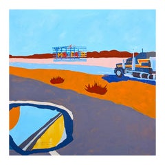 "American Rural, Signs #5" Peinture contemporaine de paysage de campagne coloré.