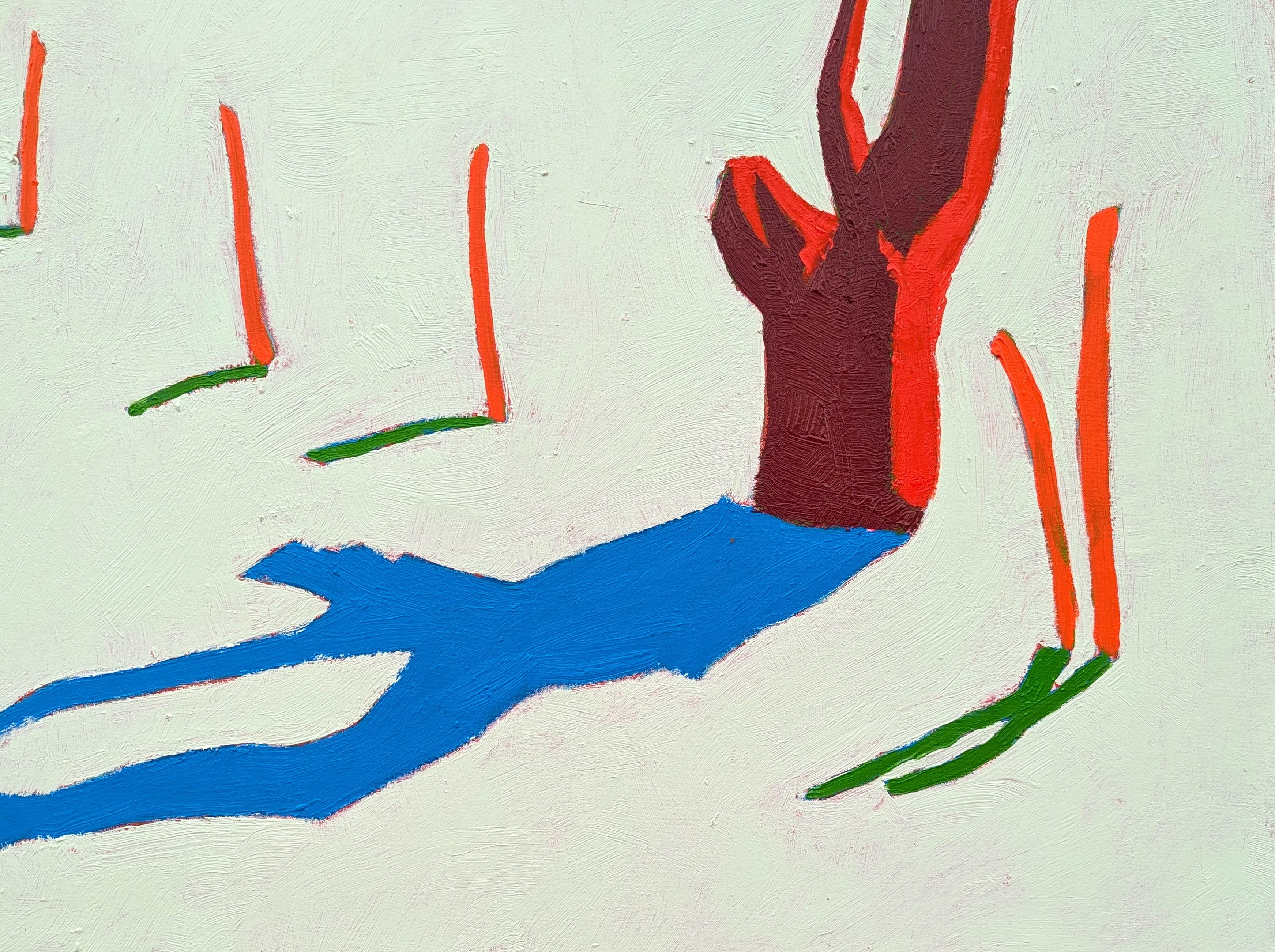 Colorido paisaje pastoral contemporáneo del artista tejano Jacob Spacek. La obra muestra una señal de tráfico junto a un árbol rojo sobre un cielo rosa. Firmado por el artista en la esquina inferior izquierda del anverso, así como firmado, titulado
