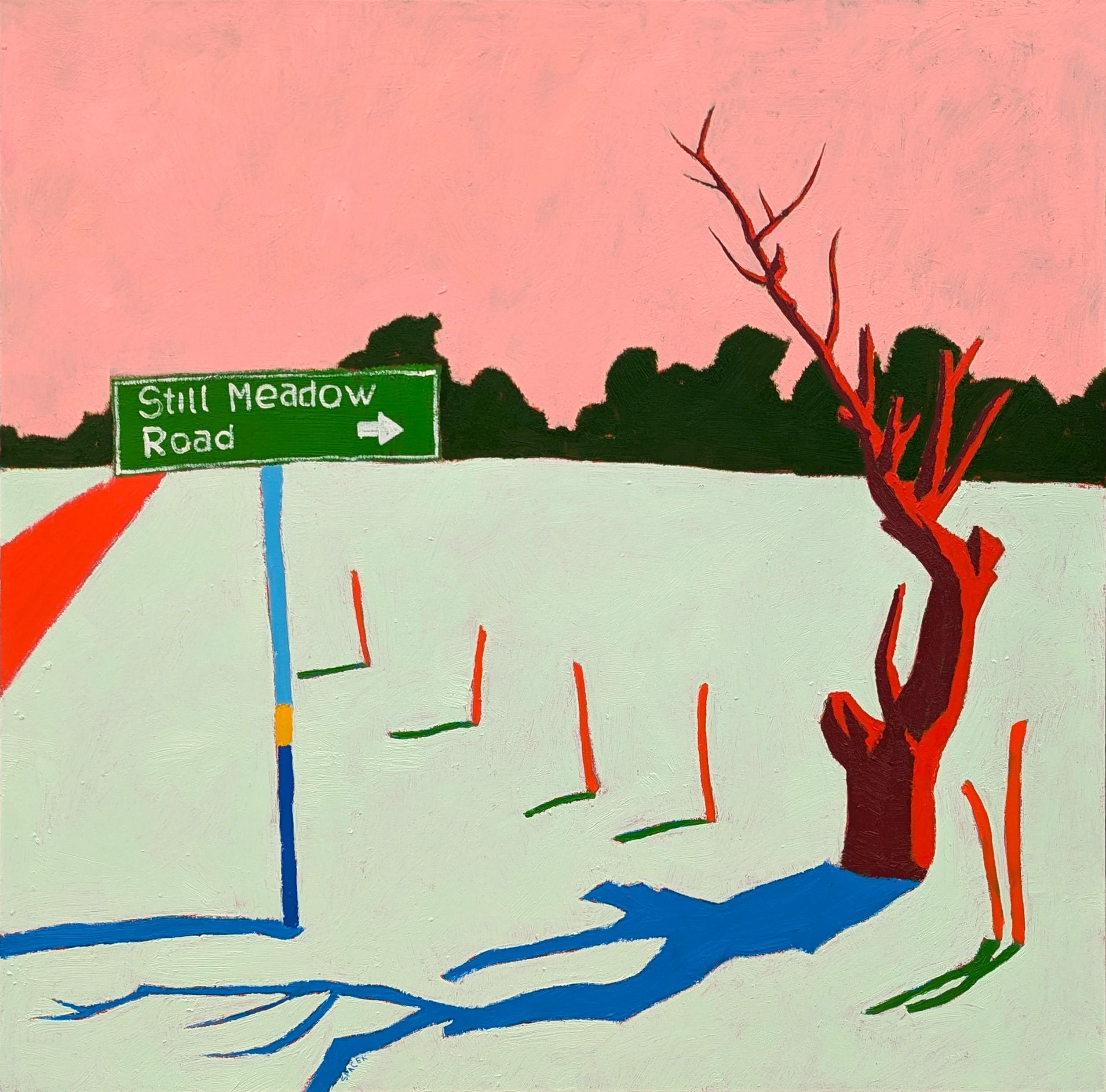 Landscape Painting de Jacob Spacek - "American Rural, Signos" Pintura contemporánea de paisaje pastoral lleno de colorido