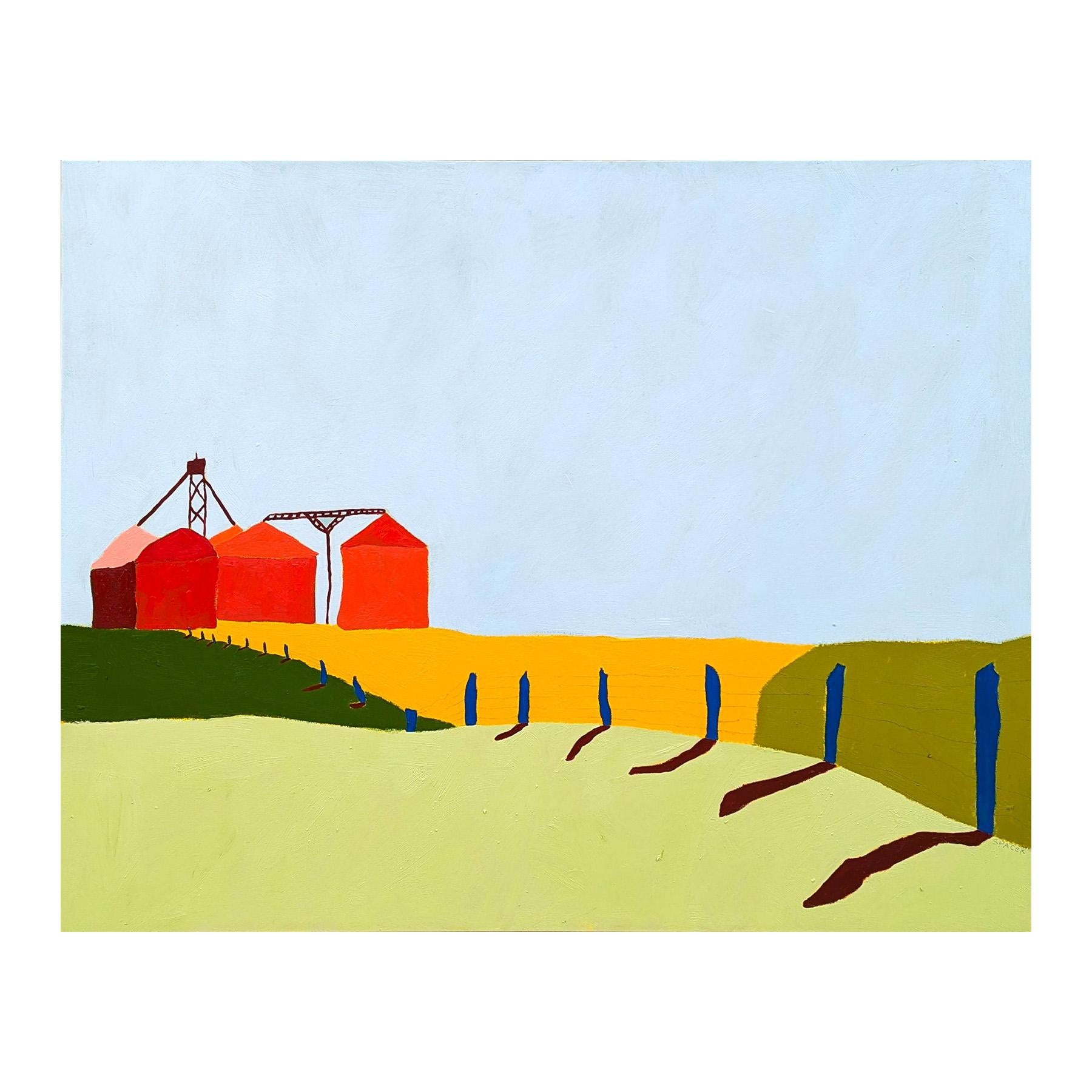 “American Rural, Silos” Contemporary Colorful Pastoral Landscape Painting For Sale 1