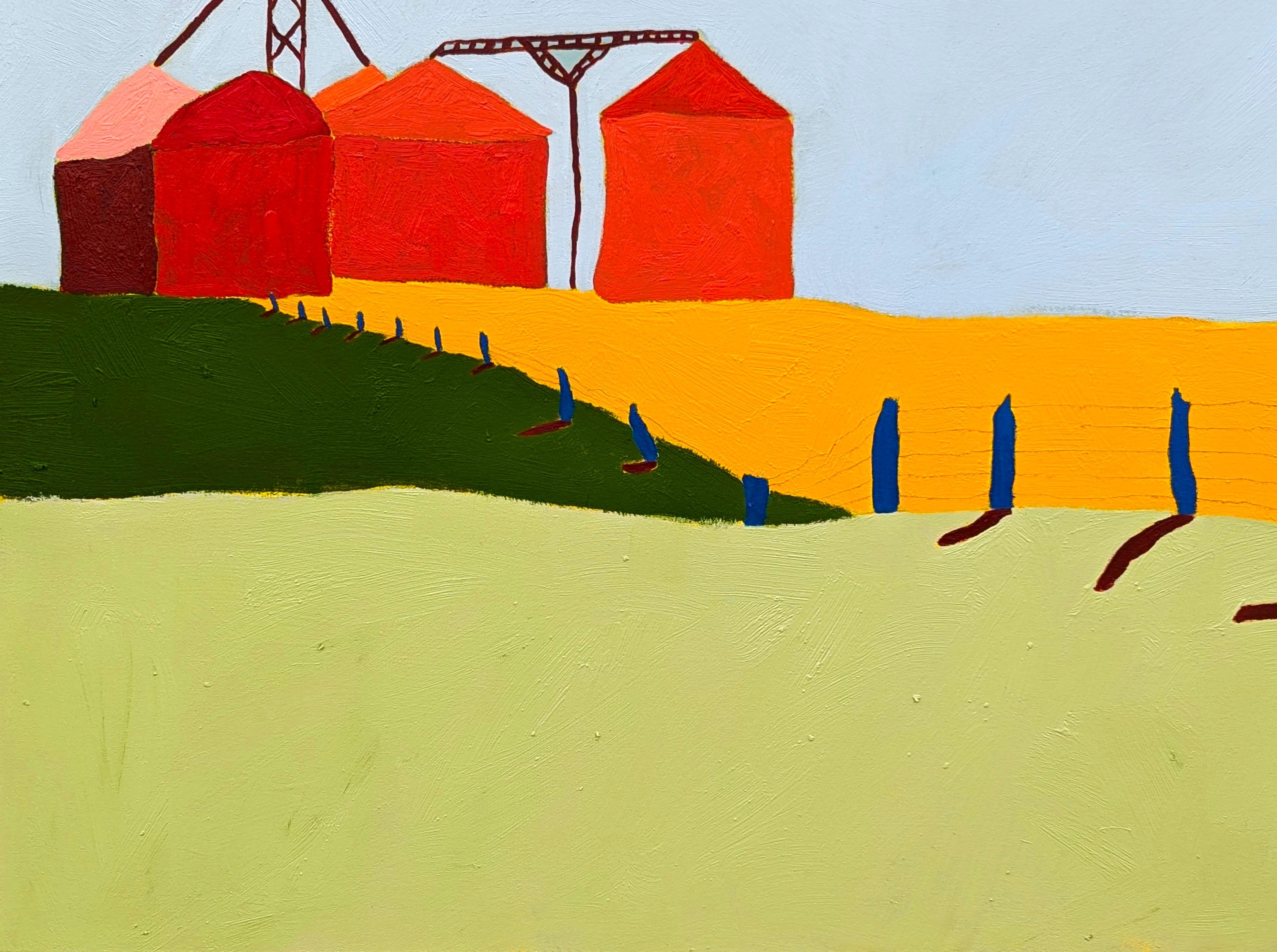 “American Rural, Silos” Contemporary Colorful Pastoral Landscape Painting For Sale 5