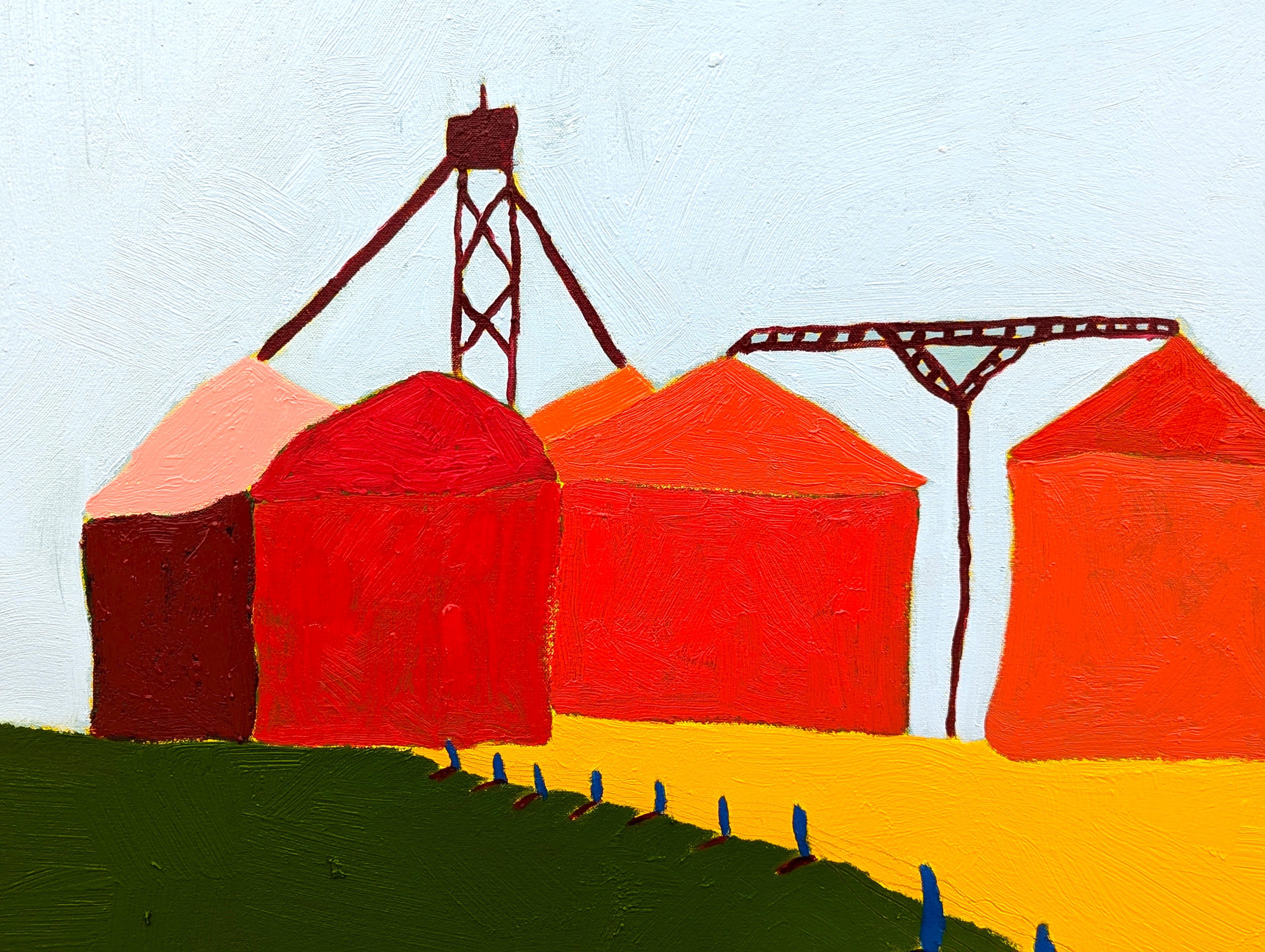 “American Rural, Silos” Contemporary Colorful Pastoral Landscape Painting For Sale 7
