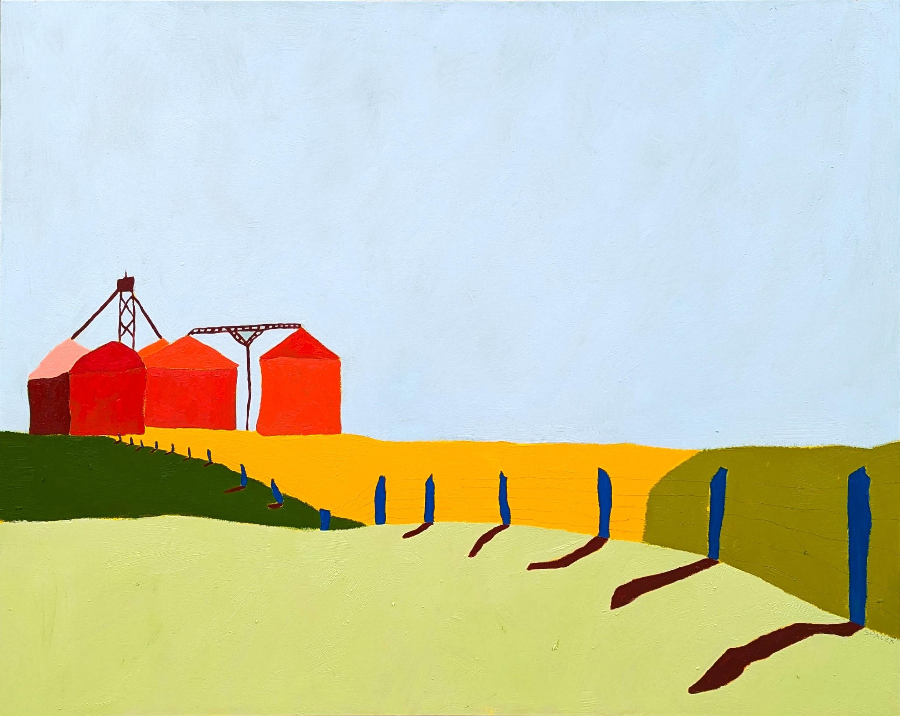 Contemporary colorful pastoral landscape by Texas based artist Jacob Spacek. The work features a red silo next to an open field set against a blue sky. Signed by the artist in the front lower right corner as well as signed, titled, and dated on the