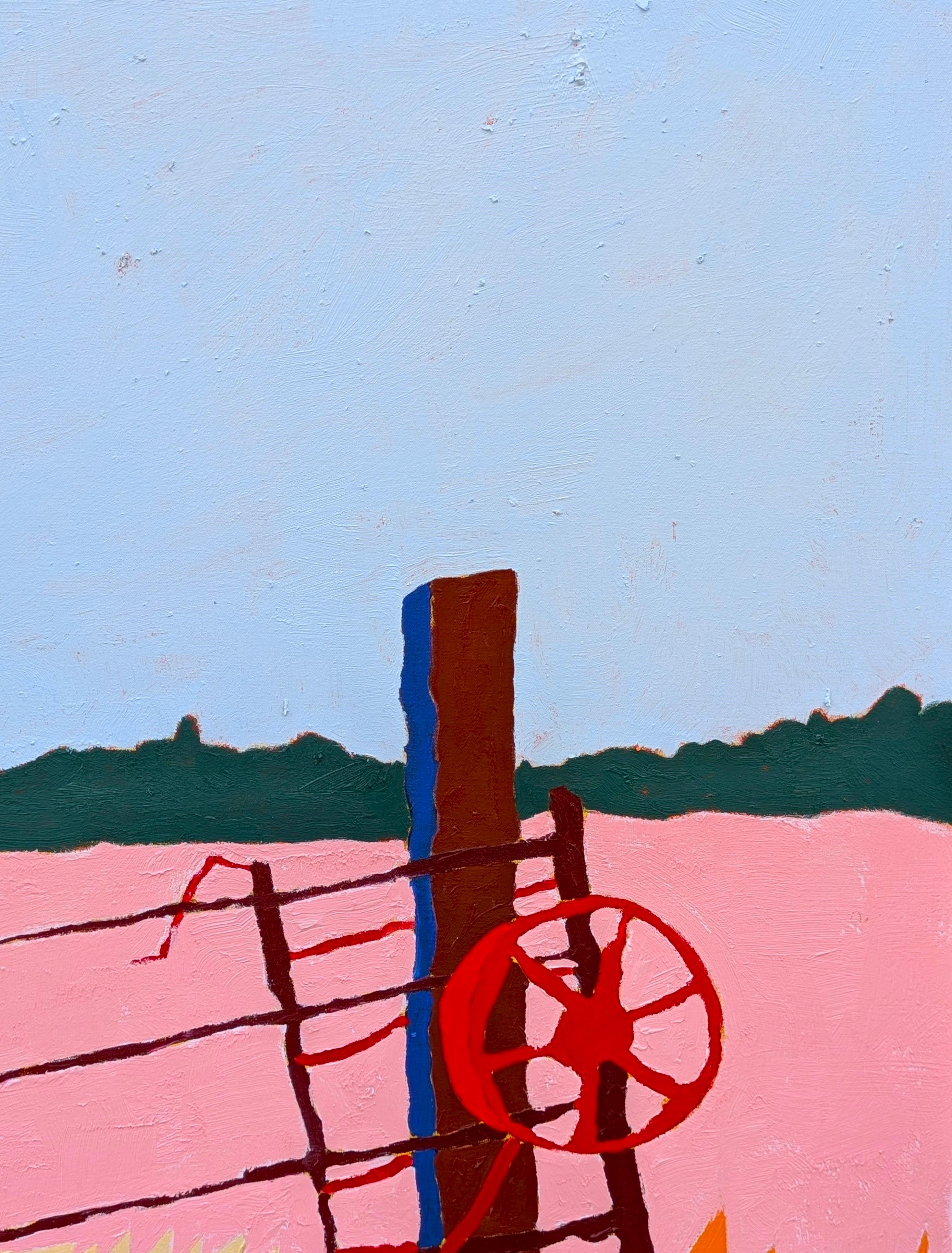 Zeitgenössische farbenfrohe pastorale Landschaft des in Texas lebenden Künstlers Jacob Spacek. Das Werk zeigt den Blick auf eine Reihe von Zaunpfählen, die sich durch ein Feld mit blauen Schatten ziehen.  Signiert vom Künstler in der linken unteren