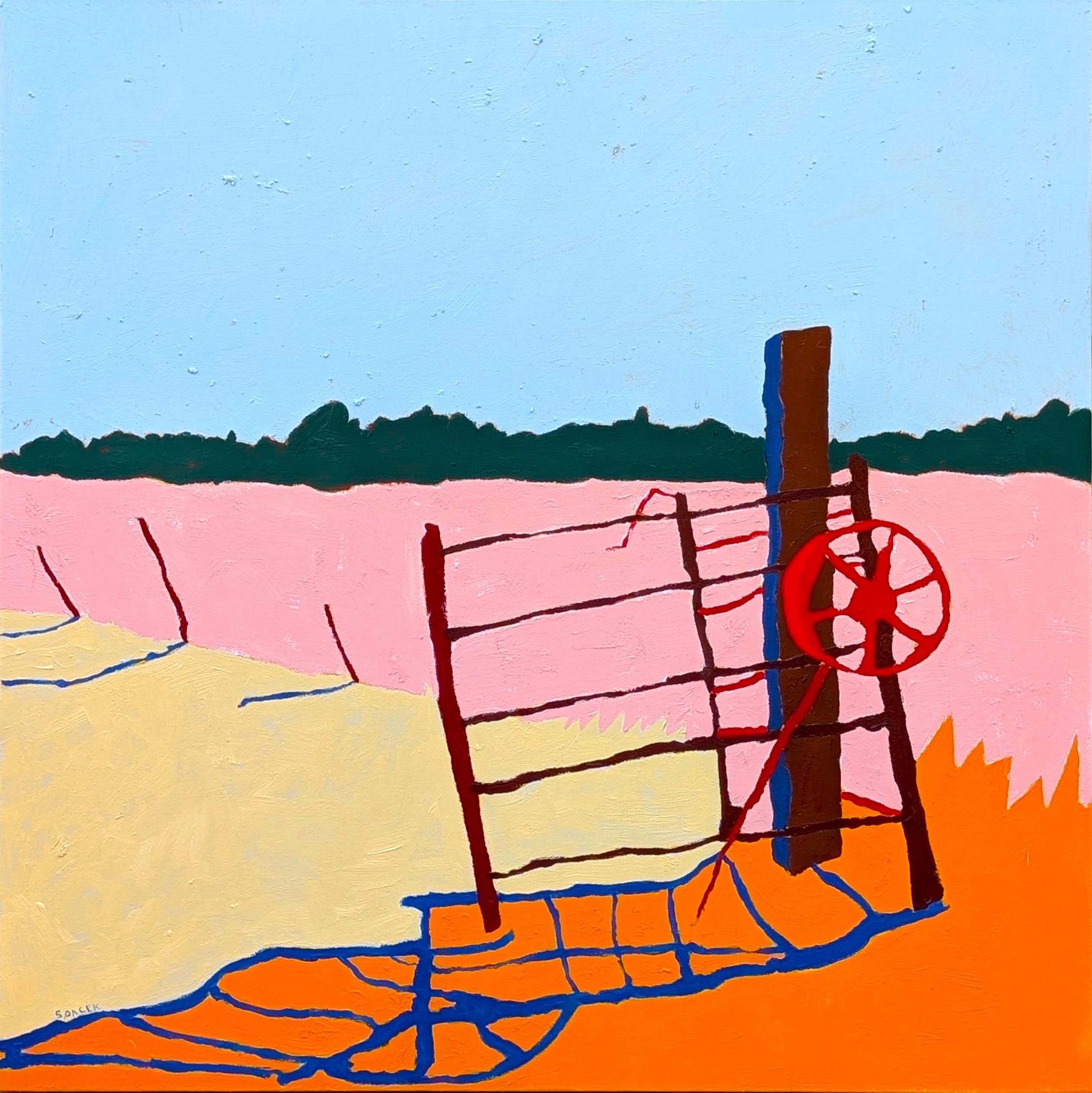 Jacob Spacek Abstract Painting – "American Rural, The Whipping Post" Zeitgenössische farbenfrohe Landschaftsmalerei