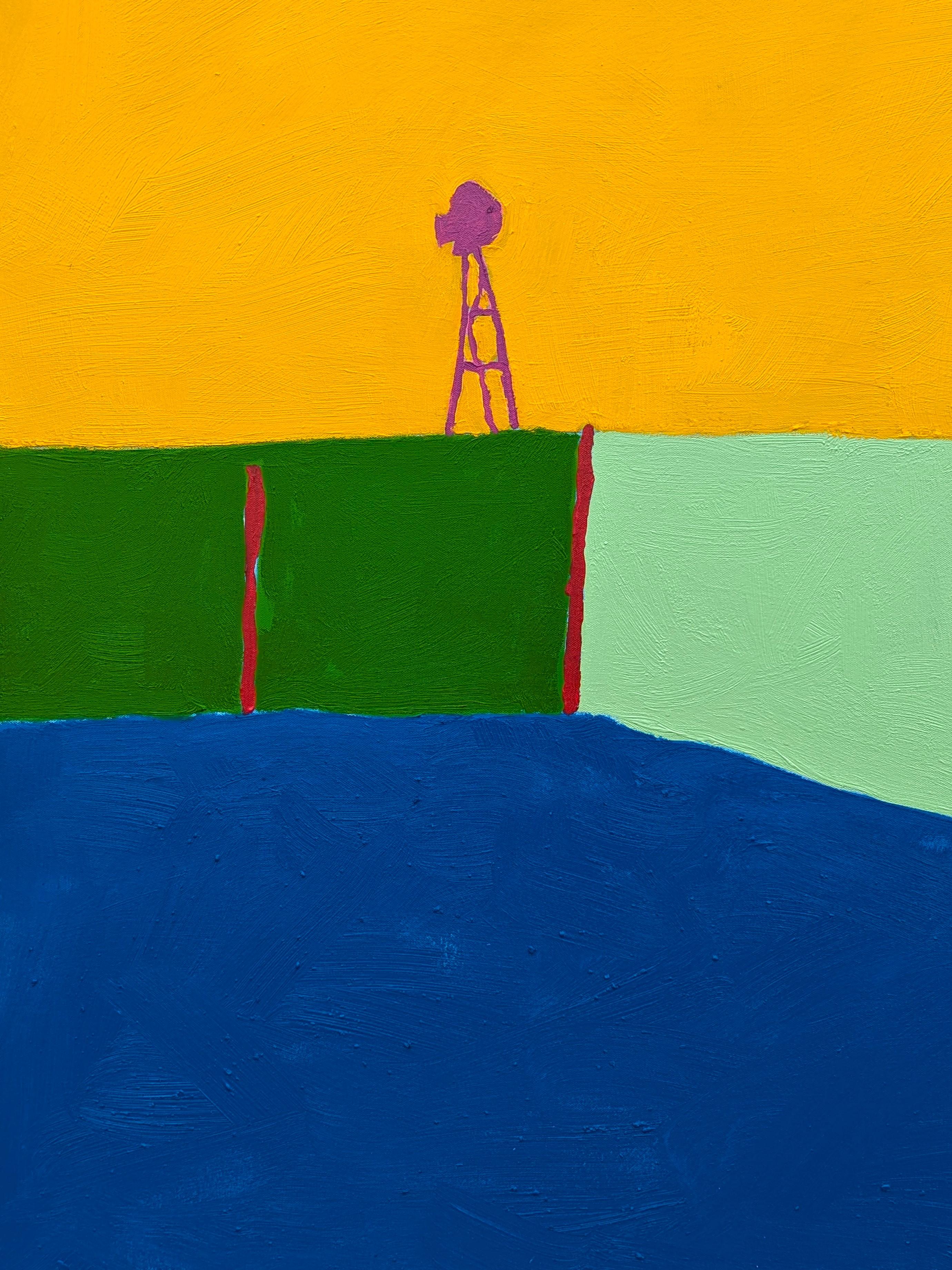 Paysage pastoral contemporain et coloré de l'artiste texan Jacob Spacek. L'œuvre représente un groupe de trois moulins à vent se détachant sur un ciel d'un jaune éclatant. Signé par l'artiste dans le coin inférieur droit du recto ainsi que signé,