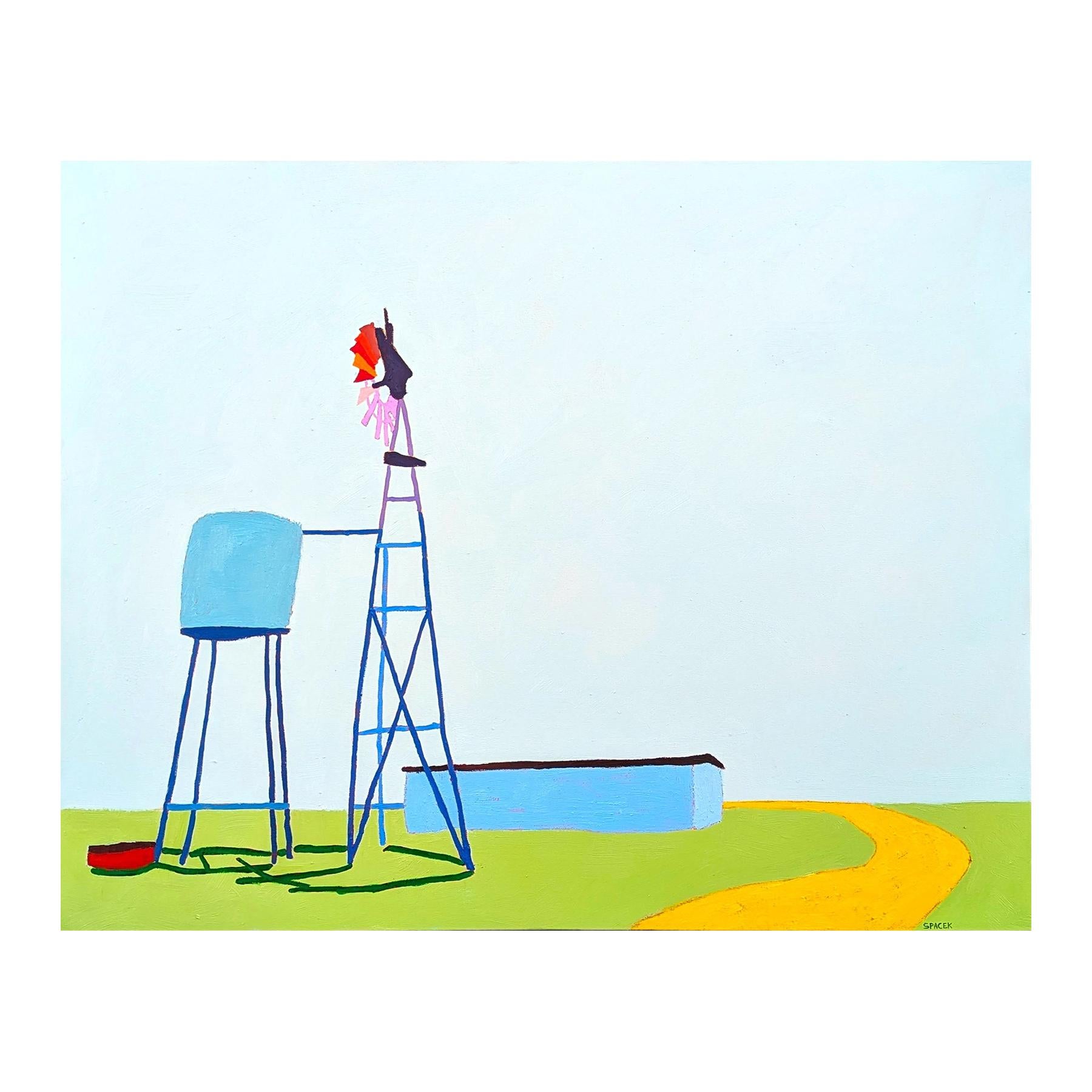 “American Rural, Windmill” Contemporary Colorful Pastoral Landscape Painting For Sale 1