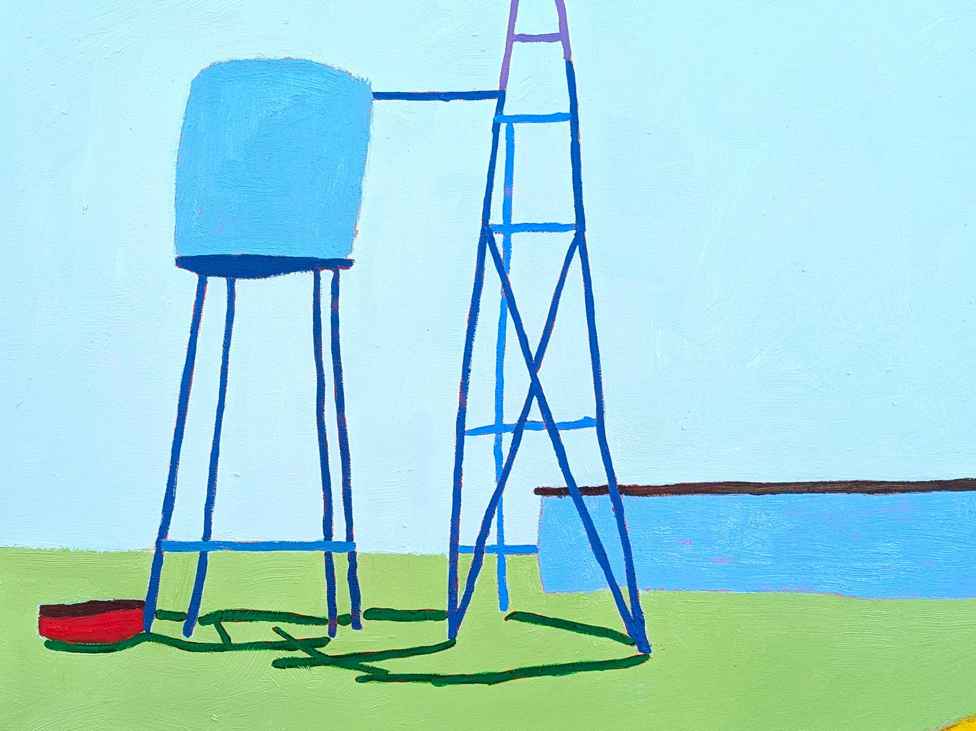 “American Rural, Windmill” Contemporary Colorful Pastoral Landscape Painting For Sale 4
