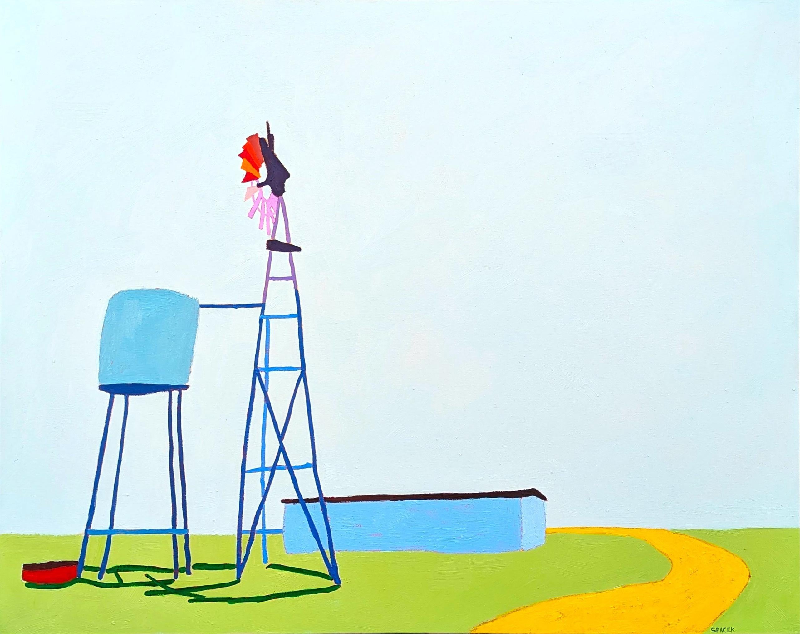 Contemporary colorful pastoral landscape by Texas based artist Jacob Spacek. The work features a windmill set against a vibrant blue sky and green field. Signed by the artist in the front lower right corner as well as signed and dated on the