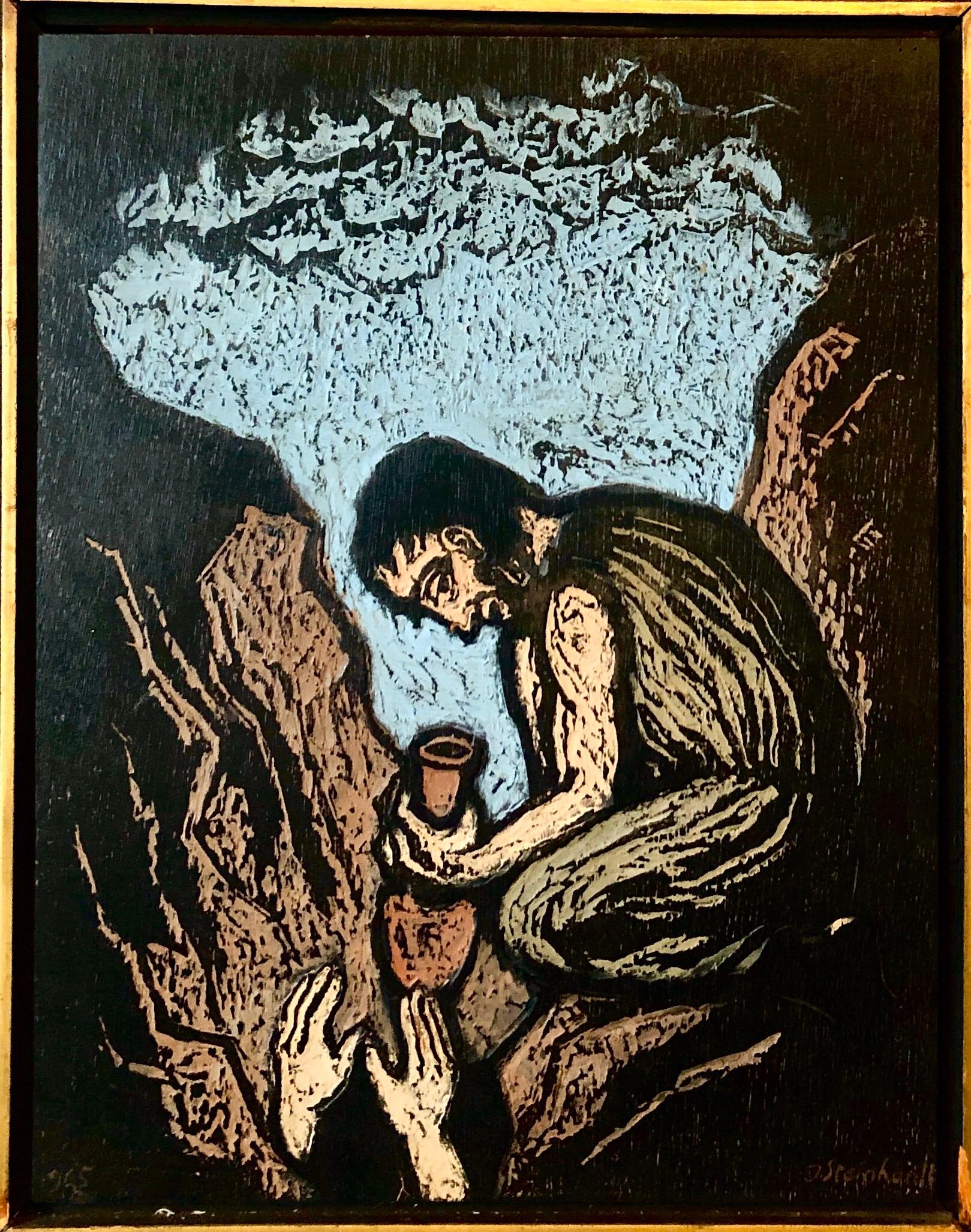 Handgeschnitzte, farbige Original-Holzhosen-Kunst, Israeli Bezalel, deutscher Expressionismus – Painting von Jacob Steinhardt