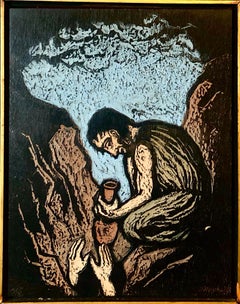 German Expressionist Hand Carved Colored Original Wood Pane Art Israeli Bezalel