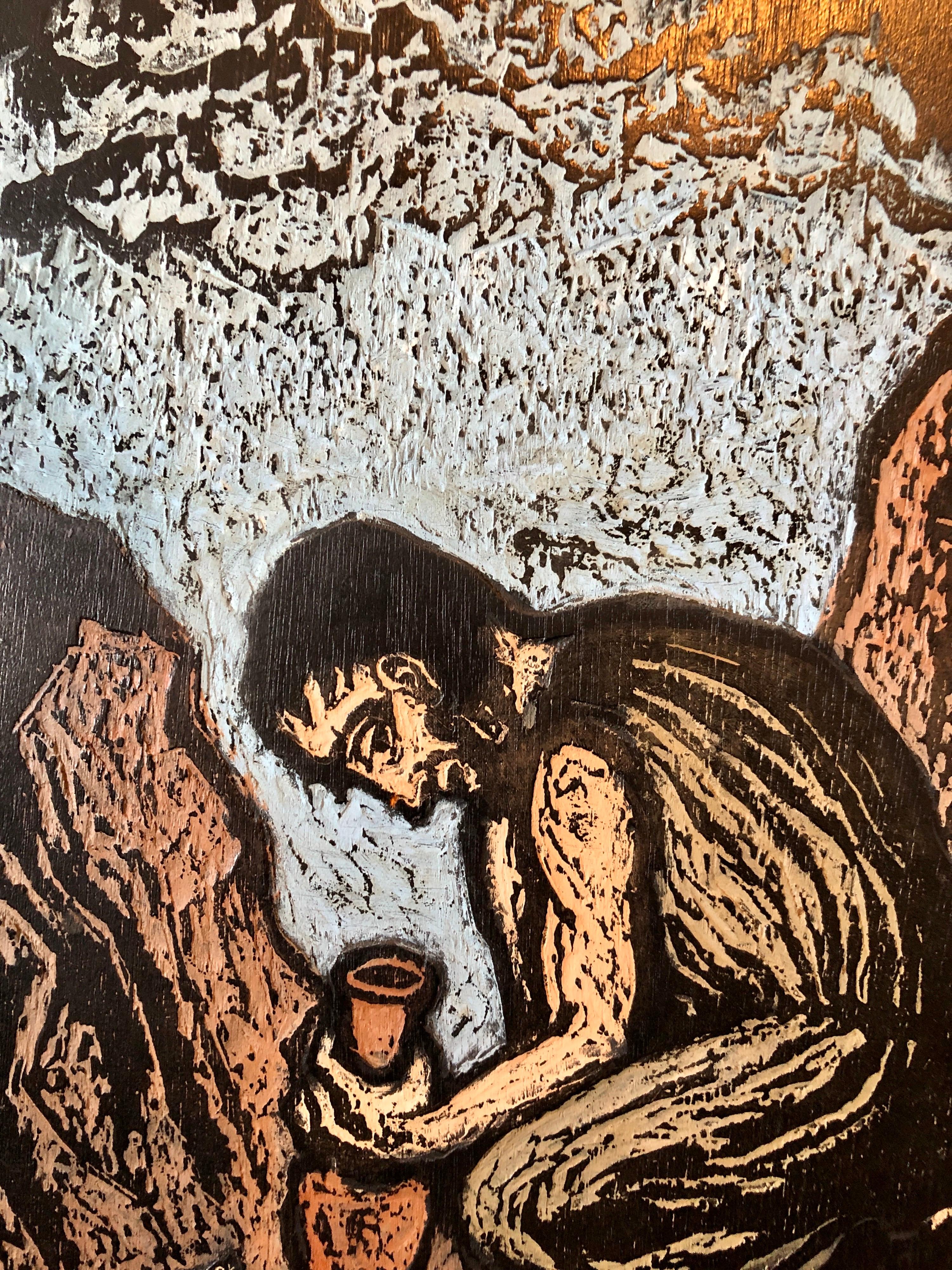 This is original hand carved wood carving used to produce a woodcut print. Hand colored with painting. signed woodblock (unique piece, not a print) 
by Jacob Steinhardt  1887-1968 
