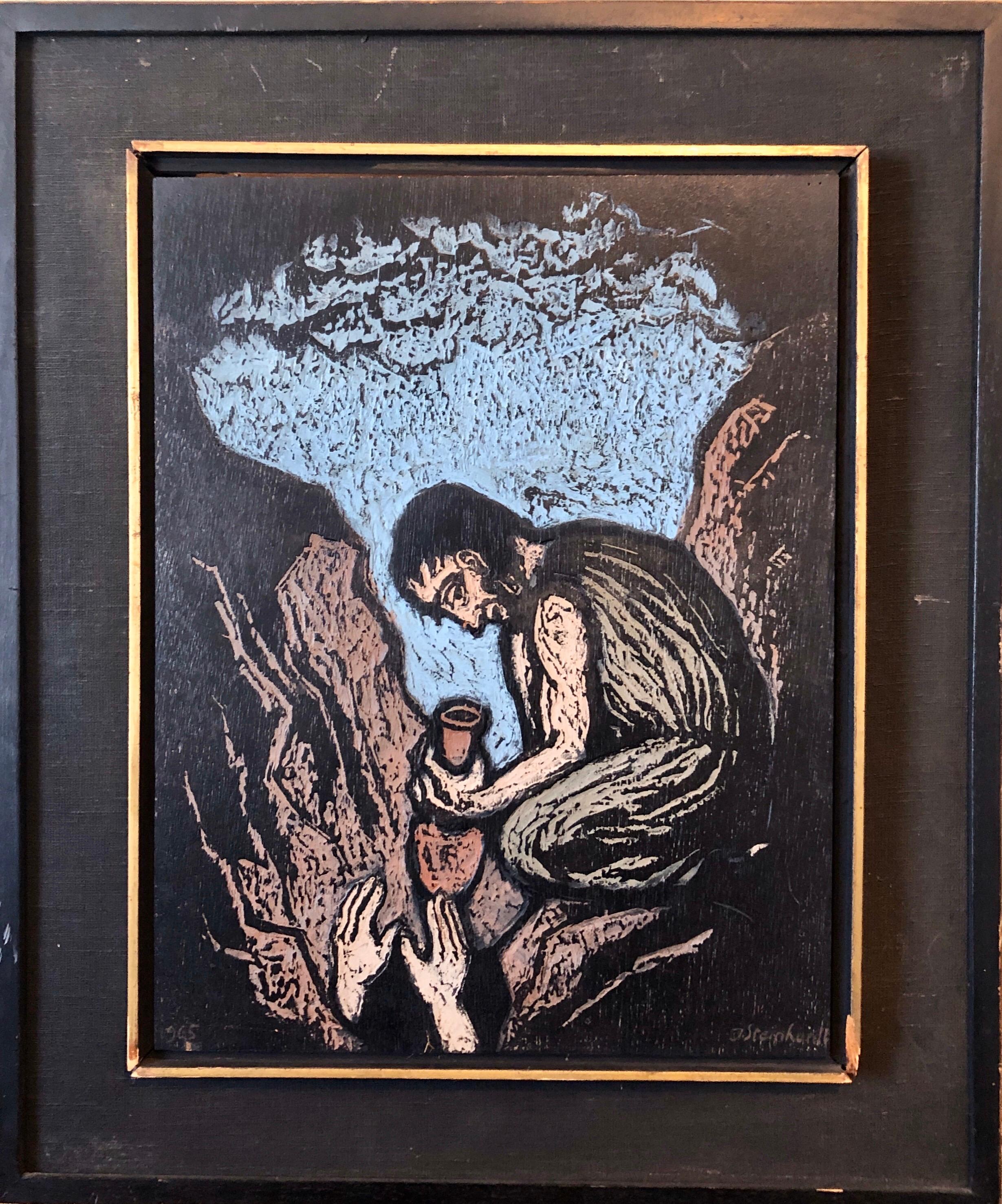 Jacob Steinhardt Figurative Painting – Handgeschnitzte, farbige Original-Holzhosen-Kunst, Israeli Bezalel, deutscher Expressionismus