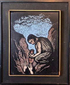 German Expressionist Hand Carved Colored Original Wood Pane Art Israeli Bezalel