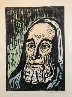 Jewish Prophet Rabbi German Expressionist Color Woodcut Israeli Early Bezalel