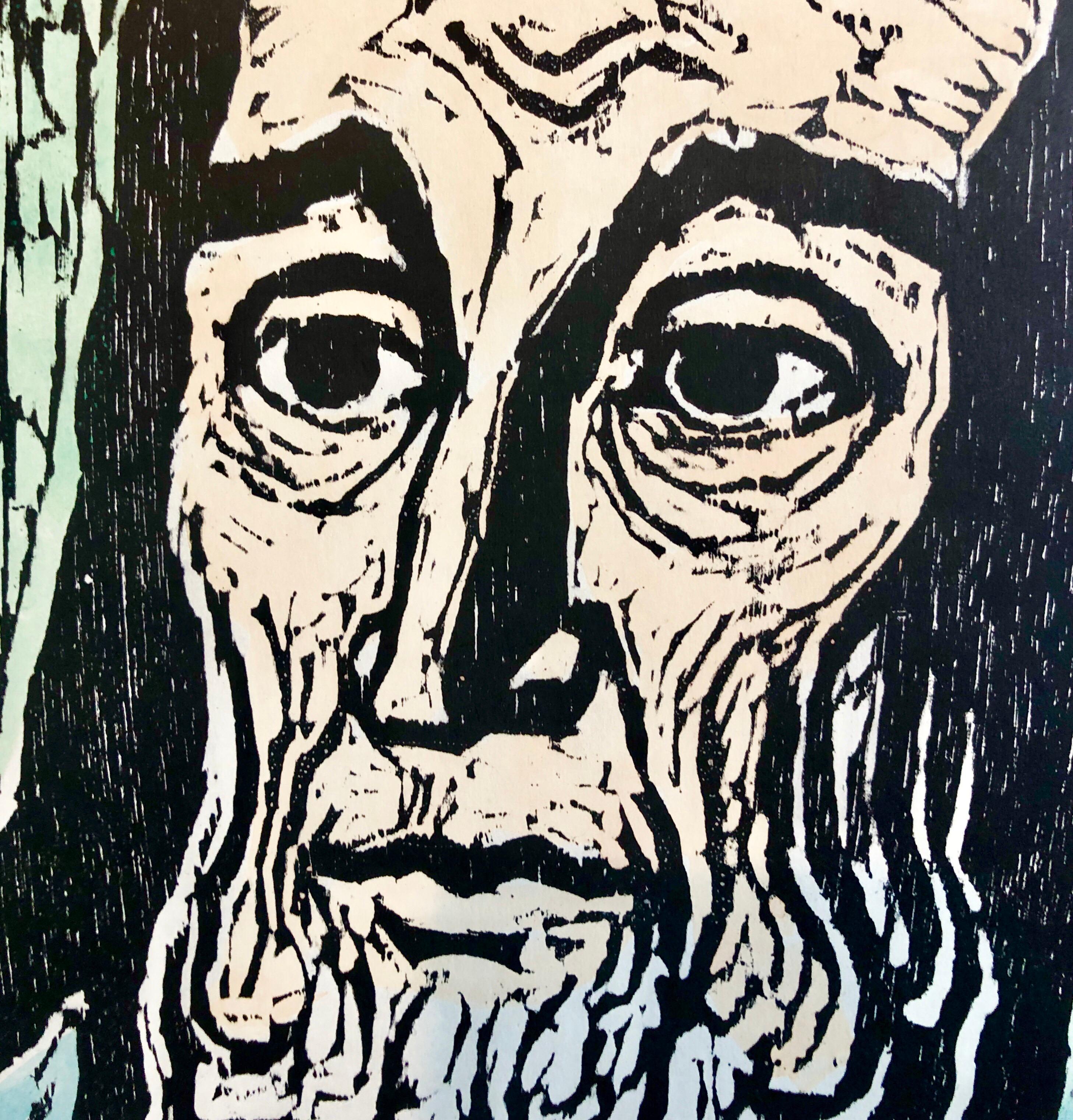 Früher Bezalel Israelischer jüdischer Prophet Rabbiner Deutscher Expressionismus Farbholzschnitt  (Schwarz), Portrait Print, von Jacob Steinhardt