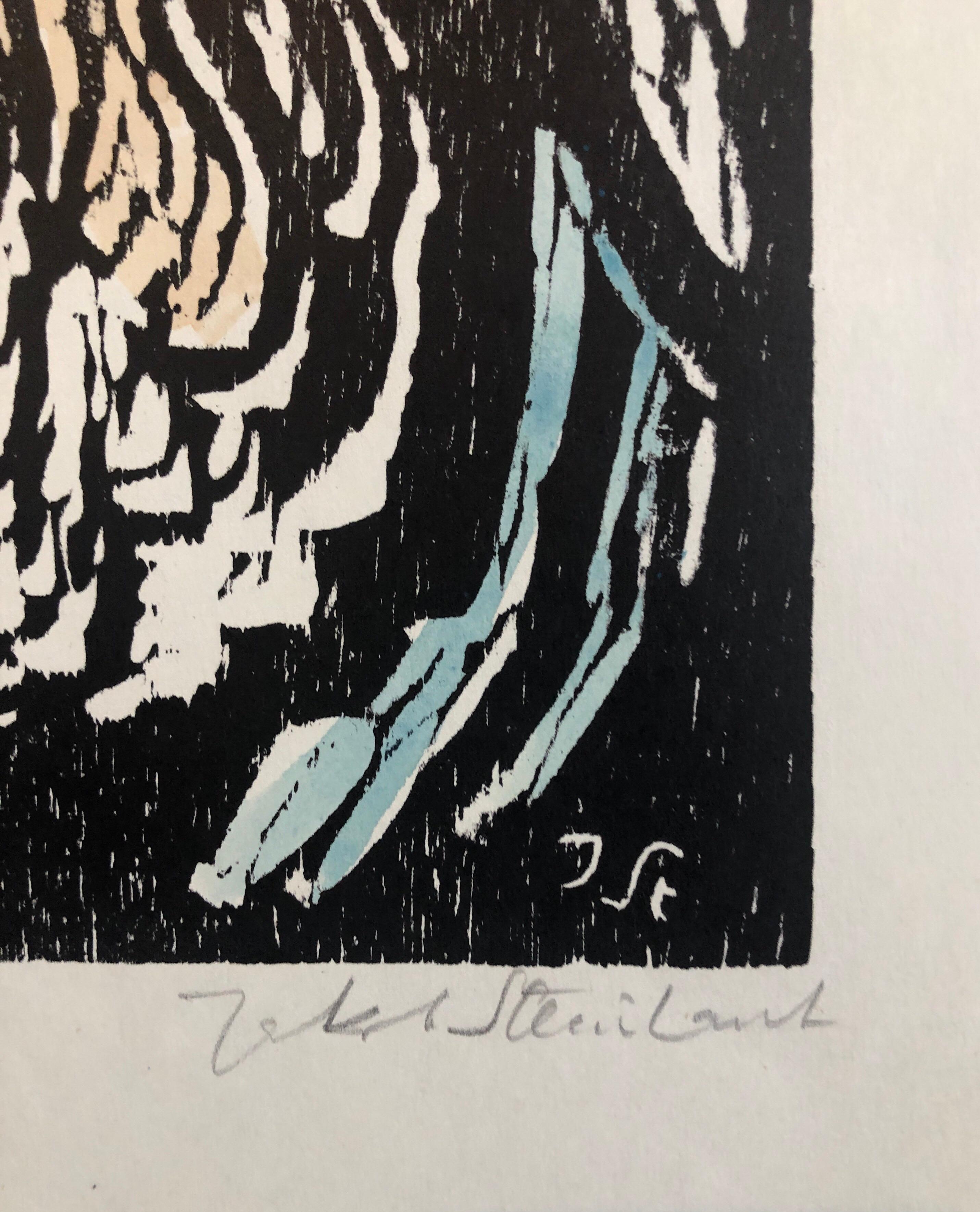 Hand signed in pencil, colored woodcut.

Jacob  Steinhardt 
1887-1968
 
Steinhardt, Jakob, Painter and Woodcut Artist. b. 1887, Yaacov Steinhardt was born in the then remote, largely Polish town of Zerkow in the Posen District of Germany.