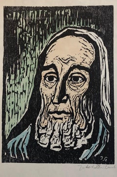 Jewish Prophet Rabbi German Expressionist Color Woodcut Israeli Early Bezalel