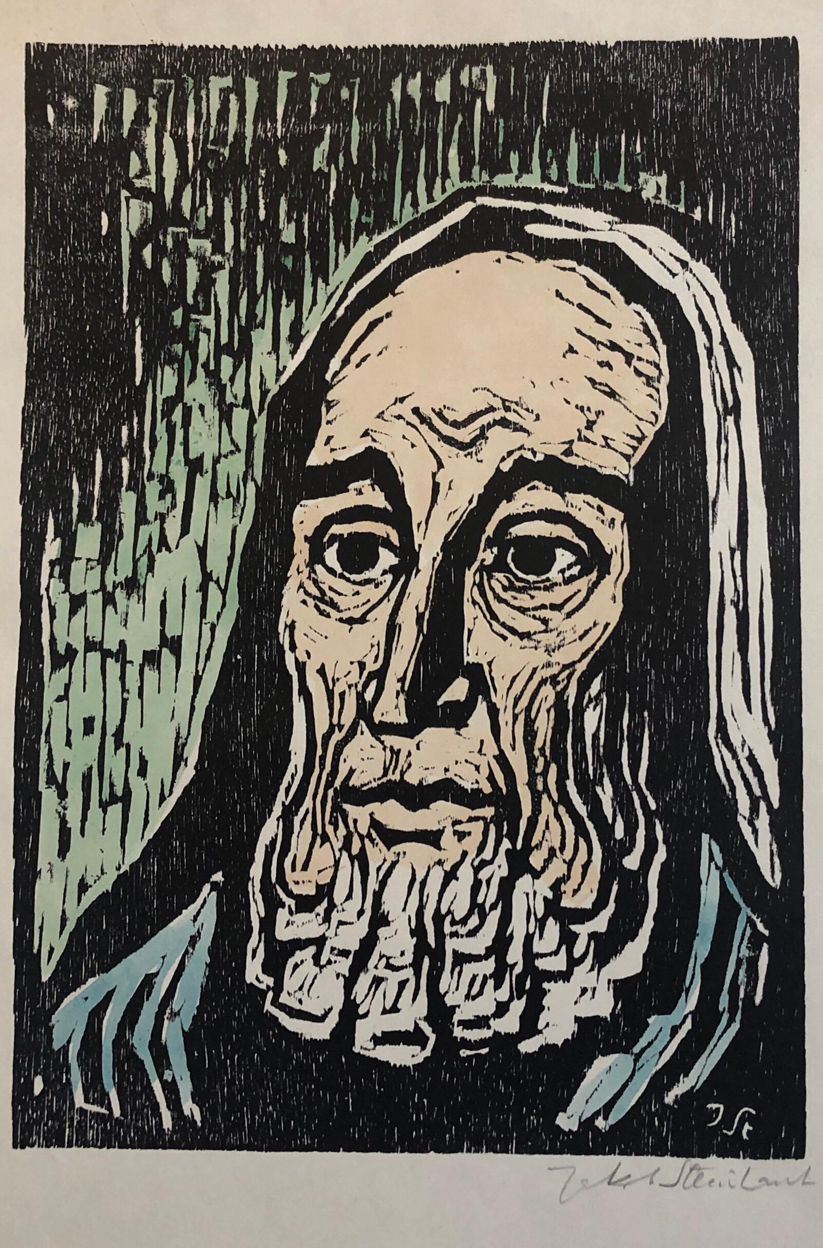 Portrait Print de Jacob Steinhardt - Profeta judío Rabino Expresionista alemán xilografía en color israelí Bezalel temprano