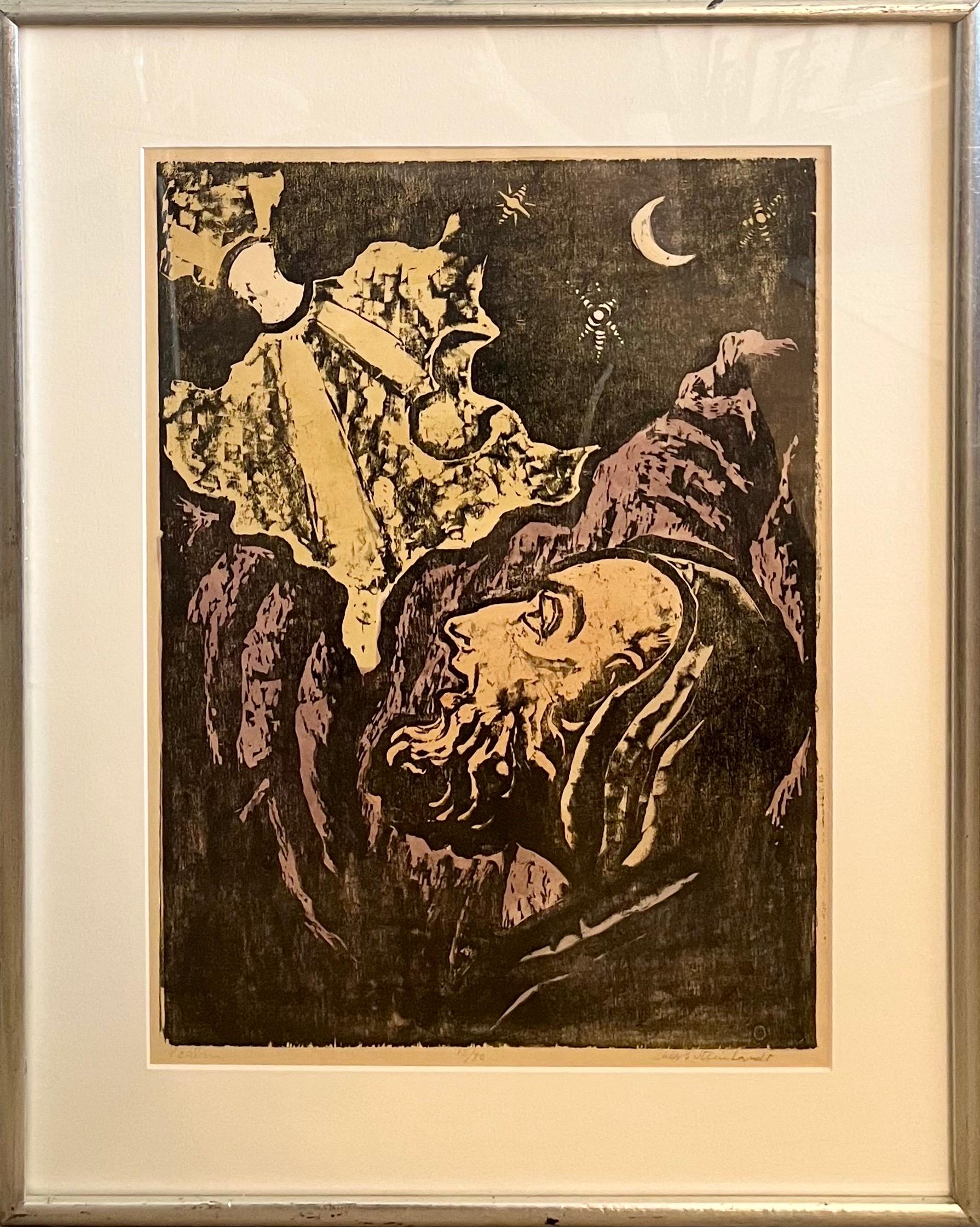 Jewish Rabbi Looking Heavenward German Expressionist Woodcut Israeli "Psalm"