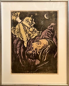 Vintage Jewish Rabbi Looking Heavenward German Expressionist Woodcut Israeli "Psalm"